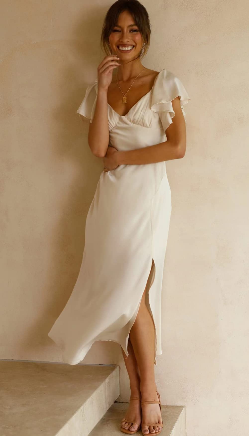 2025 Summer Women's Satin Off Shoulder Formal Dress - Elegant Butterfly Sleeve Cocktail Midi Dress for Wedding Guest, Prom & Special Occasions | Split Design for Comfort & Style