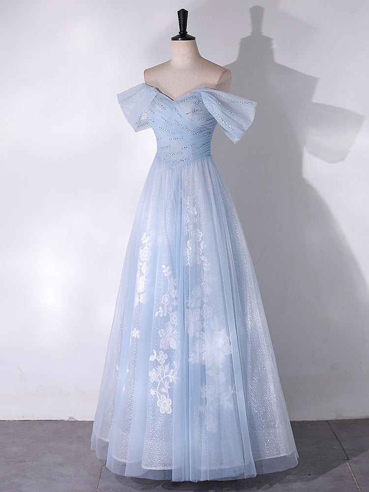Elegant Off Shoulder A-Line Tulle Lace Blue Long Prom Dress - Formal Evening Gown for Homecoming, Ball, Wedding & Special Occasions