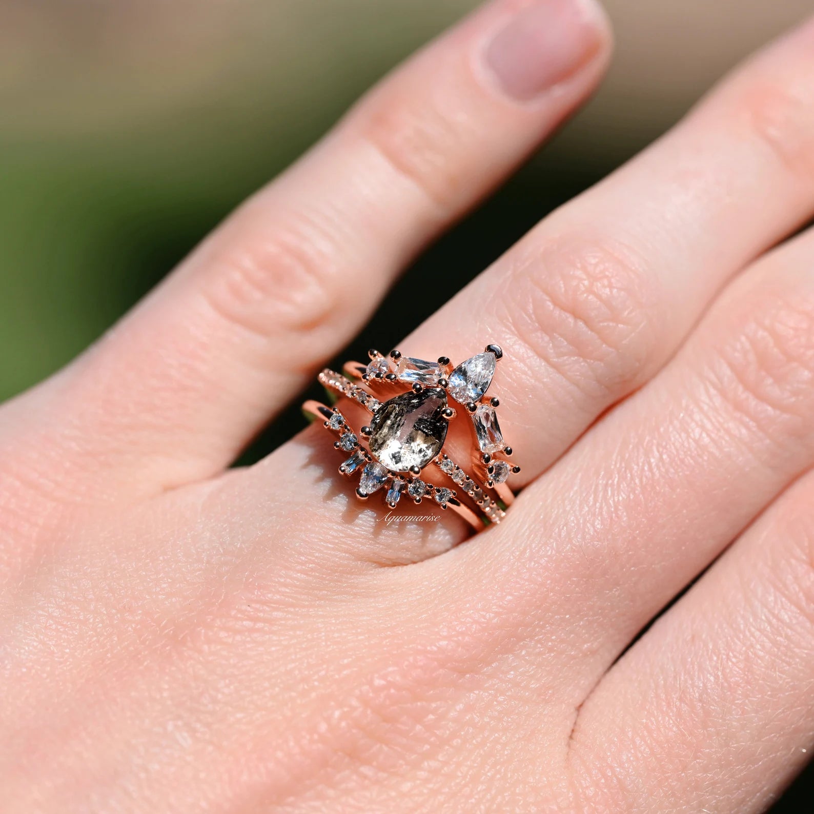 14K Rose Gold Vermeil Herkimer Diamond Ring Set - Raw Salt & Pepper Galaxy Design for Women, Perfect for Engagement, Wedding, Anniversary & Everyday Elegance