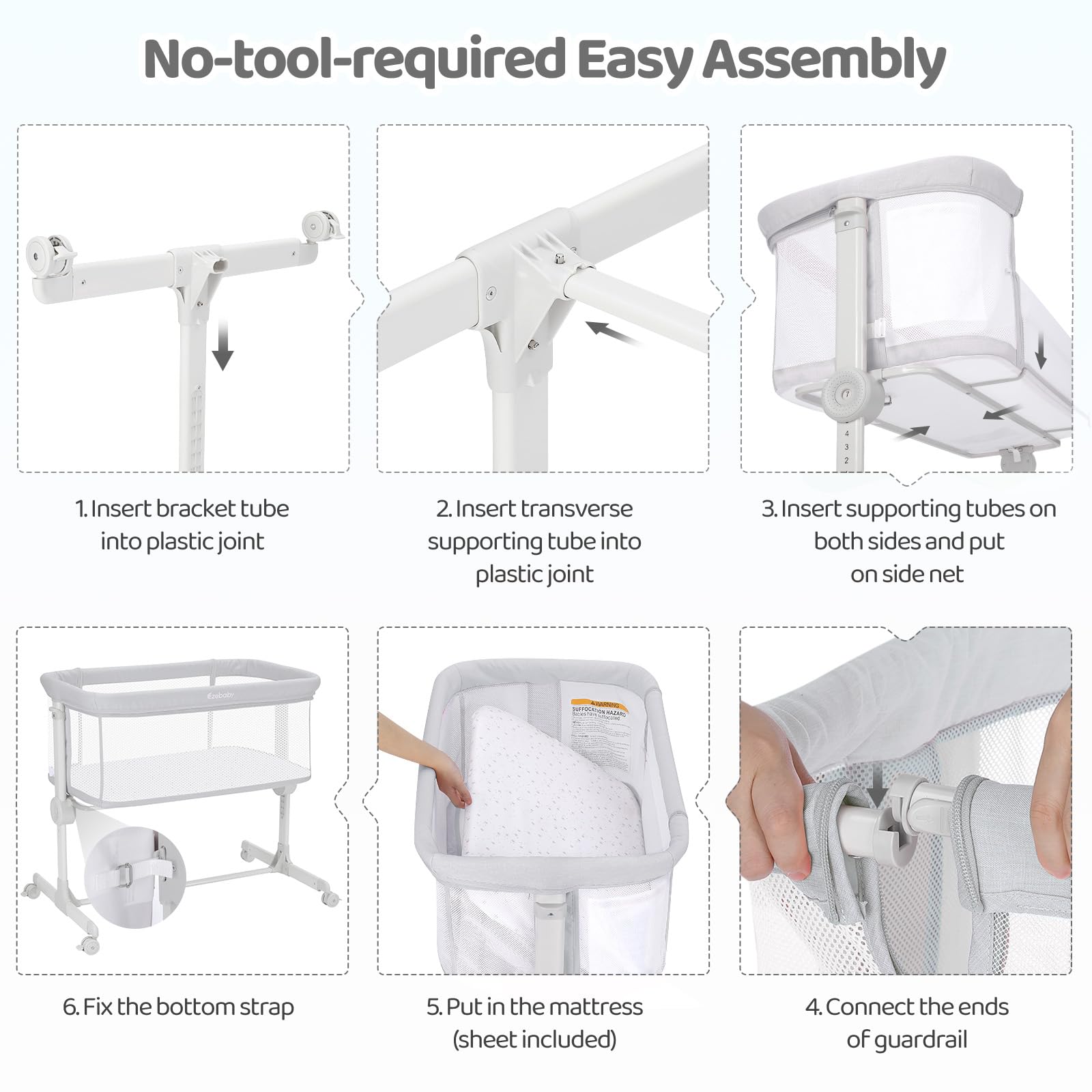 Ezebaby Portable Adjustable Baby Bassinet Bedside Sleeper - 7 Height Settings, Breathable Mesh Sides with Included Mattress & Sheet | Perfect for Newborns & Infants | Ideal for Nursery, Bedroom & Travel Use