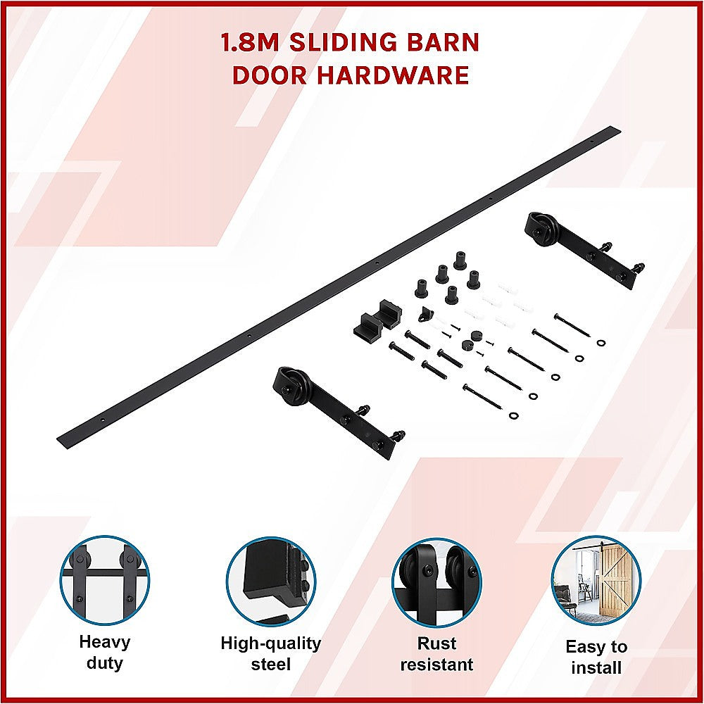 1.8m Sliding Barn Door Hardware Kit - Heavy Duty Black Steel Track & Rollers for Rustic Home & Office Doors | DIY Installation, Space-Saving Solution for Bedrooms, Closets & Room Dividers