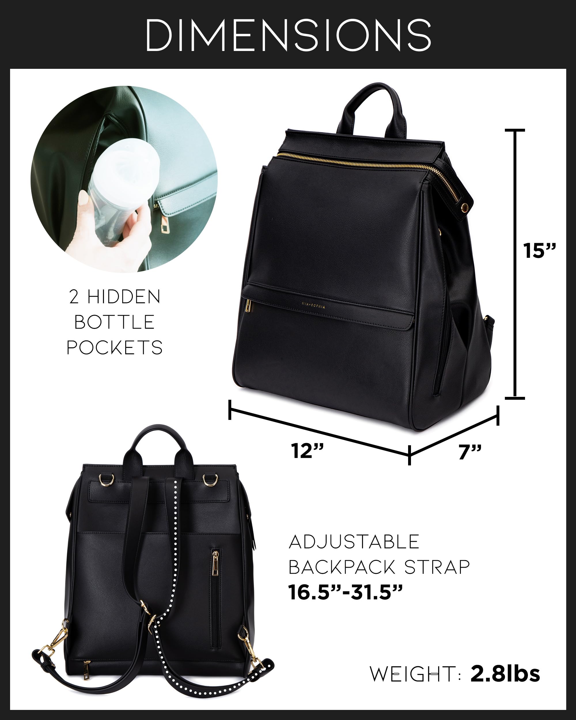 Premium Leather Diaper Bag Backpack with USB Charging Port, Insulated Bottle Holder, Stroller Straps & Waterproof Changing Pad - Stylish Black Sophia for Moms - Perfect for Baby Essentials, Travel, Park Outings & Daily Parenting