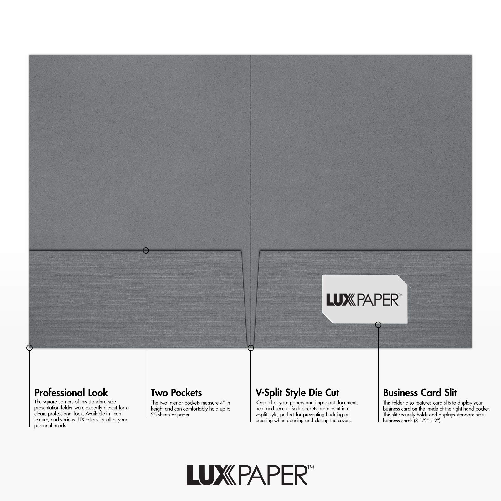 LUXPaper 9 x 12 Premium Presentation Folders - 2 Pocket Business Folders - 25 Pack Sterling Gray Linen | Professional Document Organizer for Tax Season, Brochures, Sales Materials | Perfect for Office, School, Business Meetings & Client Presentations