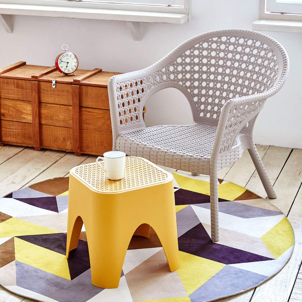 Lagoon Mallorca White Rattan Top Side Table and Ottoman Set of 2 - Modern Boho End Table with Storage for Living Room, Bedroom, or Patio Decor