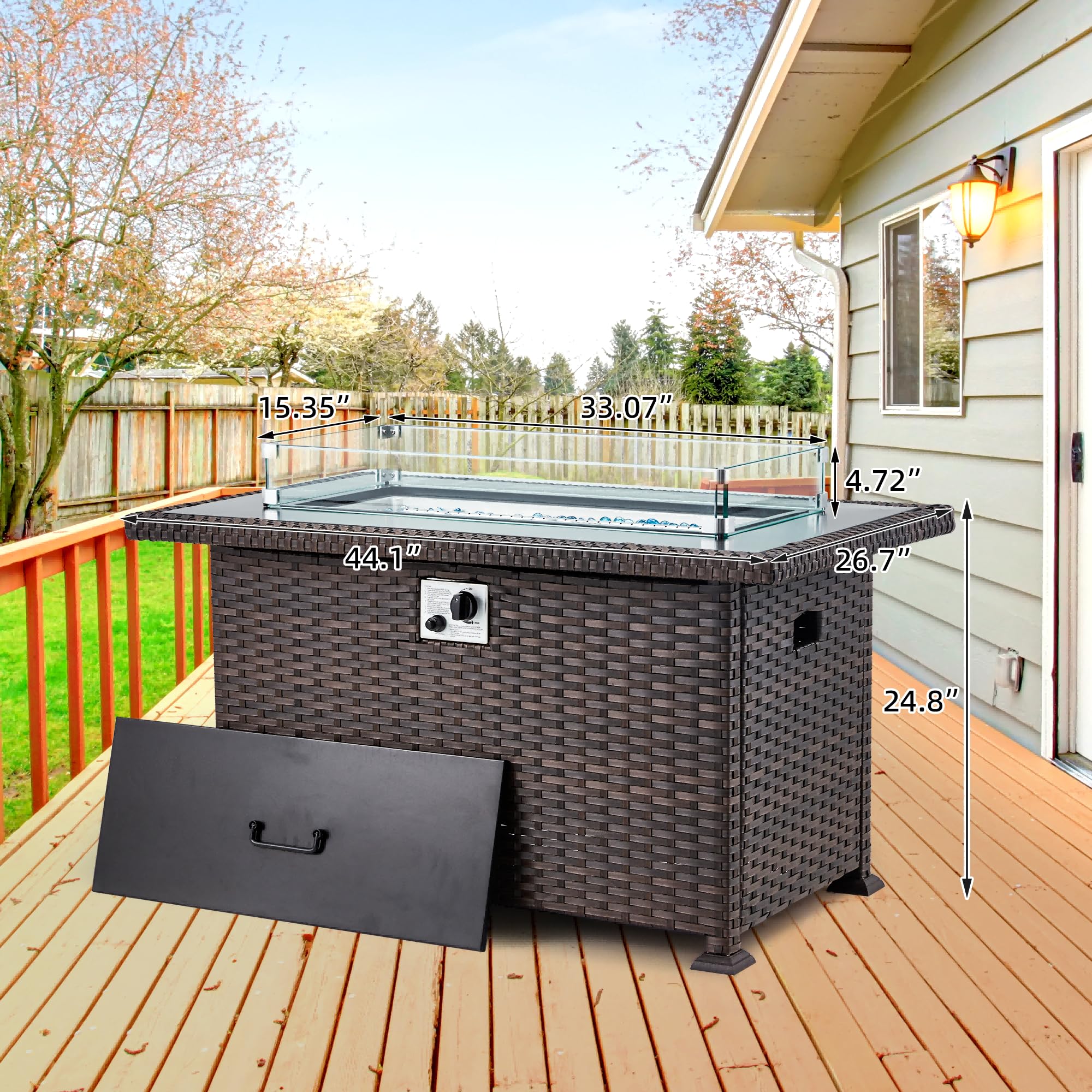GYUTEI 44 Inch Outdoor Propane Fire Pit Table - 50,000 BTU Stainless Steel Burner with CSA Certification, Wind Guard & Glass Beads - Slide-Out Tank Holder for Patio, Backyard, Deck (Dark Brown) - Perfect for Outdoor Gatherings, Camping & Relaxation