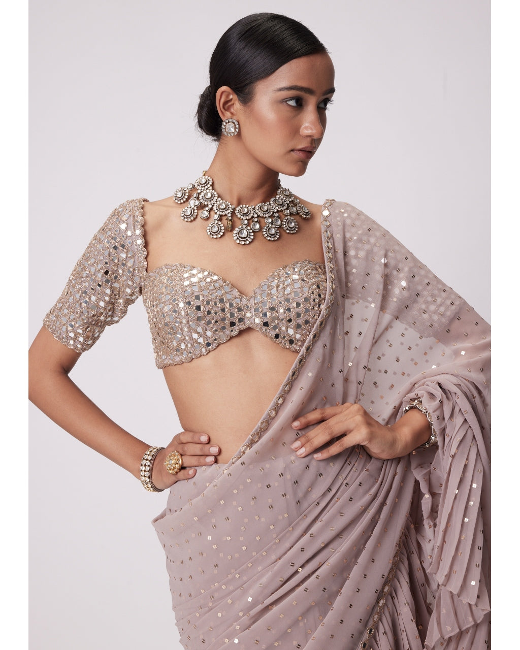 Elegant Ash Pink Georgette Frill Sari Set - Traditional Indian Bridal & Party Wear for Weddings, Festivals & Special Occasions