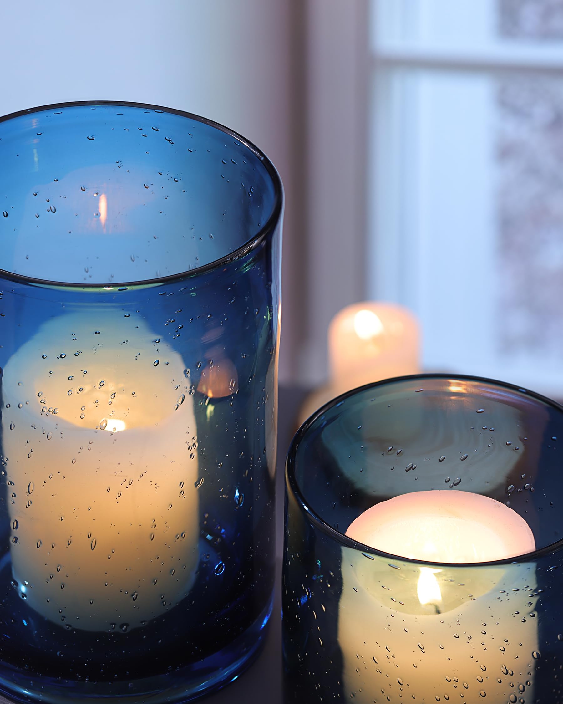 Blue Glass Hurricane Candle Holders Set of 3 - Seeded Bubbles Pillar Candle Holders 8