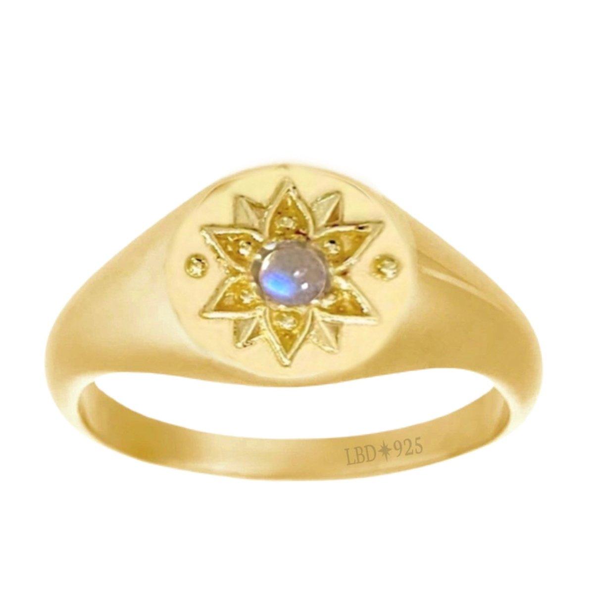 Vera May Gold Signet Ring with Moonstone - Elegant Vintage Jewelry for Women - Perfect for Weddings, Parties & Everyday Wear
