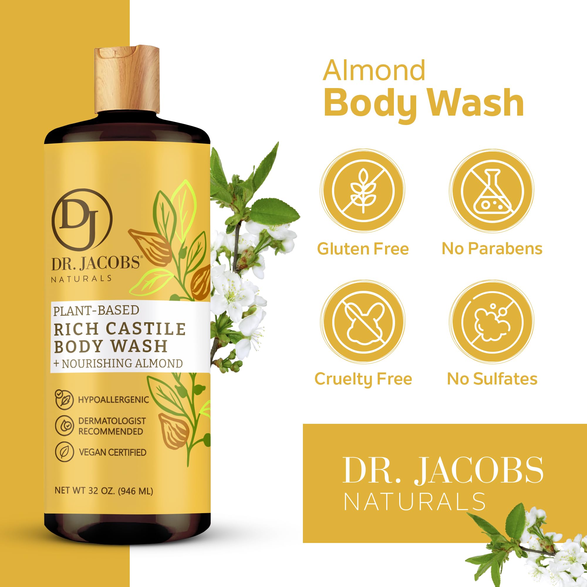 Dr. Jacobs Naturals Pure Castile Liquid Soap - Organic Almond Honey Face & Body Wash for Sensitive Skin, 32oz | Vegan, Cruelty-Free & Chemical-Free | Perfect for Shower, Bath & Hand Washing