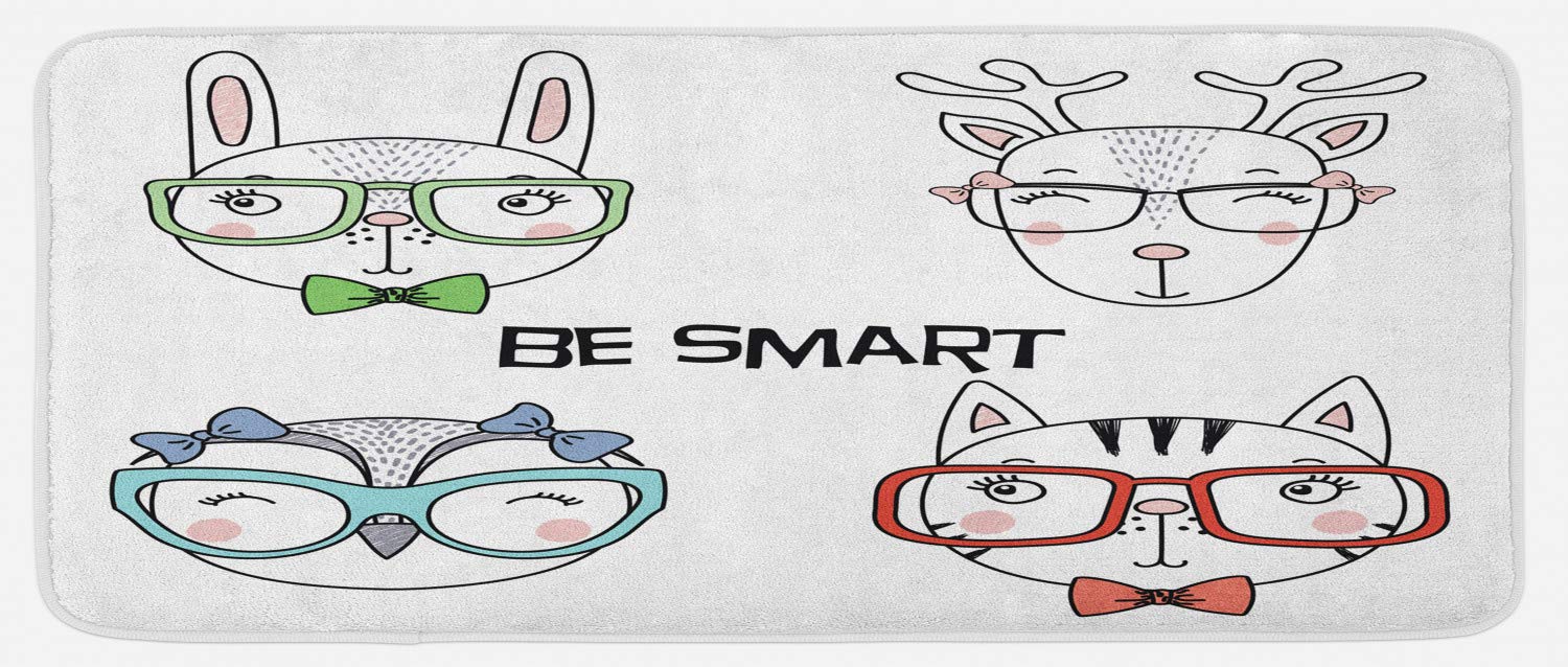 Ambesonne Funny Kitchen Mat with Hand-Drawn Cat, Bunny, Reindeer & Owl in Glasses Design - Non-Slip Plush Decorative Rug, 47x19 Inches, Multicolor - Perfect for Kitchen, Dining Room or Entryway Decor
