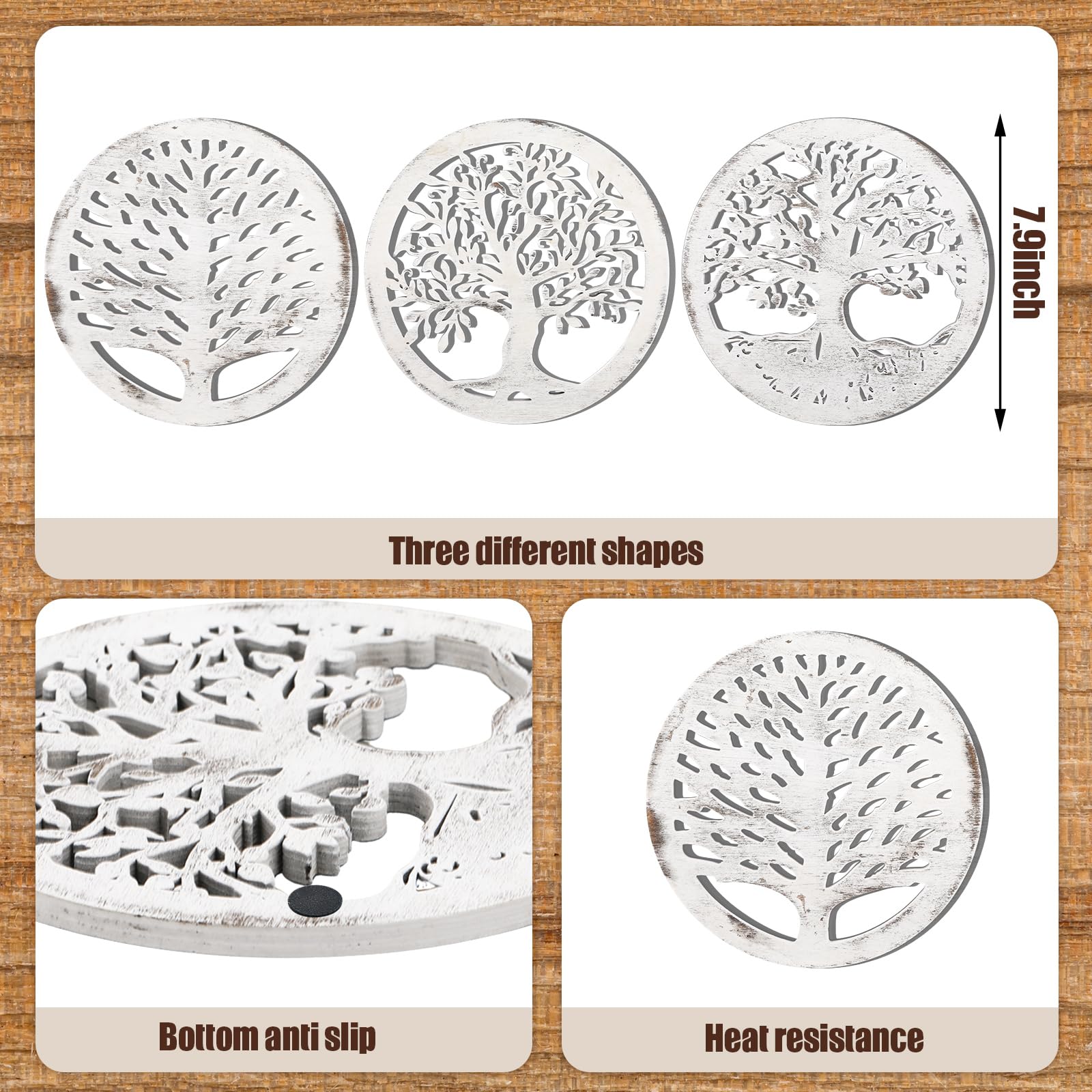 3 Pcs Wooden Trivets - 8 Inch Rustic Round Heat Resistant Pot Holders for Kitchen, Dining Table, Hot Dishes & Tea - Farmhouse Style Home Decor (White) | Perfect for Holiday Meals, Cozy Winter Gatherings & Farmhouse Kitchen Protection
