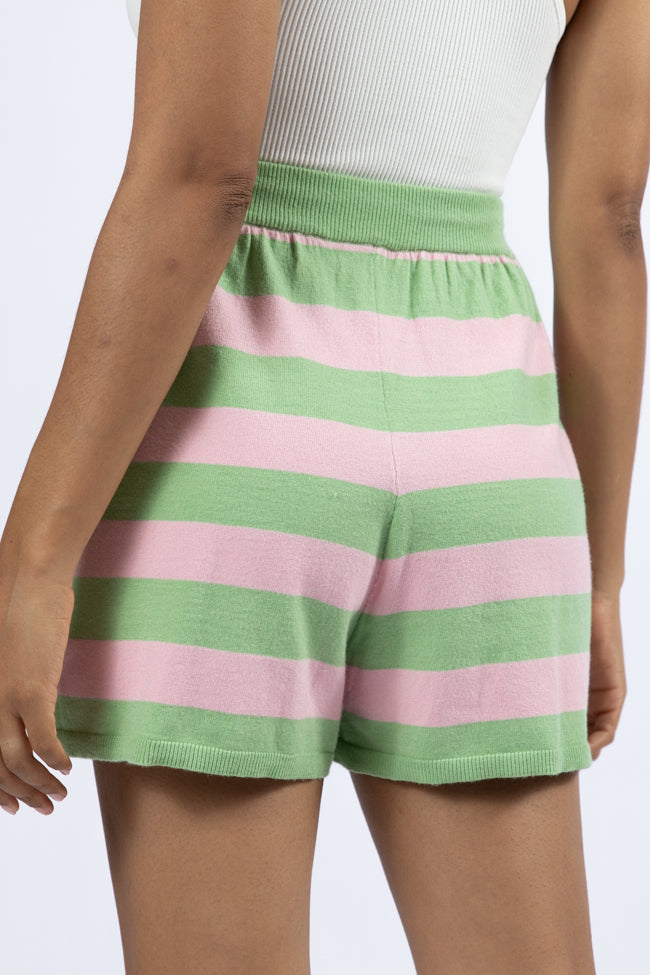 Stylish Green and Pink Striped Knit Shorts for Women - Comfortable Pull-On Design - Perfect for Summer Outfits, Beach Vacations & Casual Wear