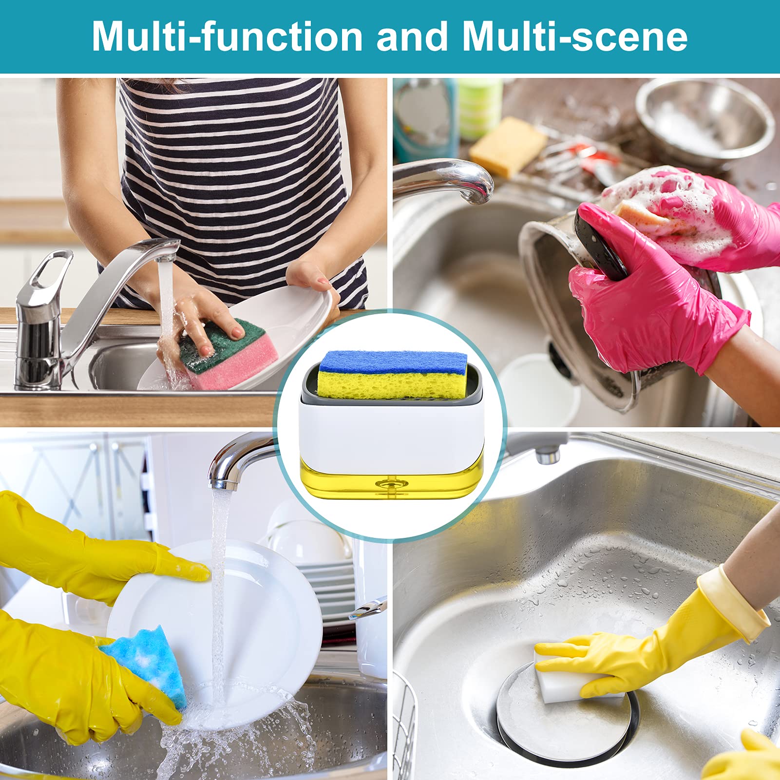 SUBEKYU Kitchen Soap Dispenser Set with Sponge Holder & Tray - Grey & White Plastic Hand & Dish Soap Dispenser for Sink - Perfect for Kitchen Organization & Dish Washing (Brush Not Included)