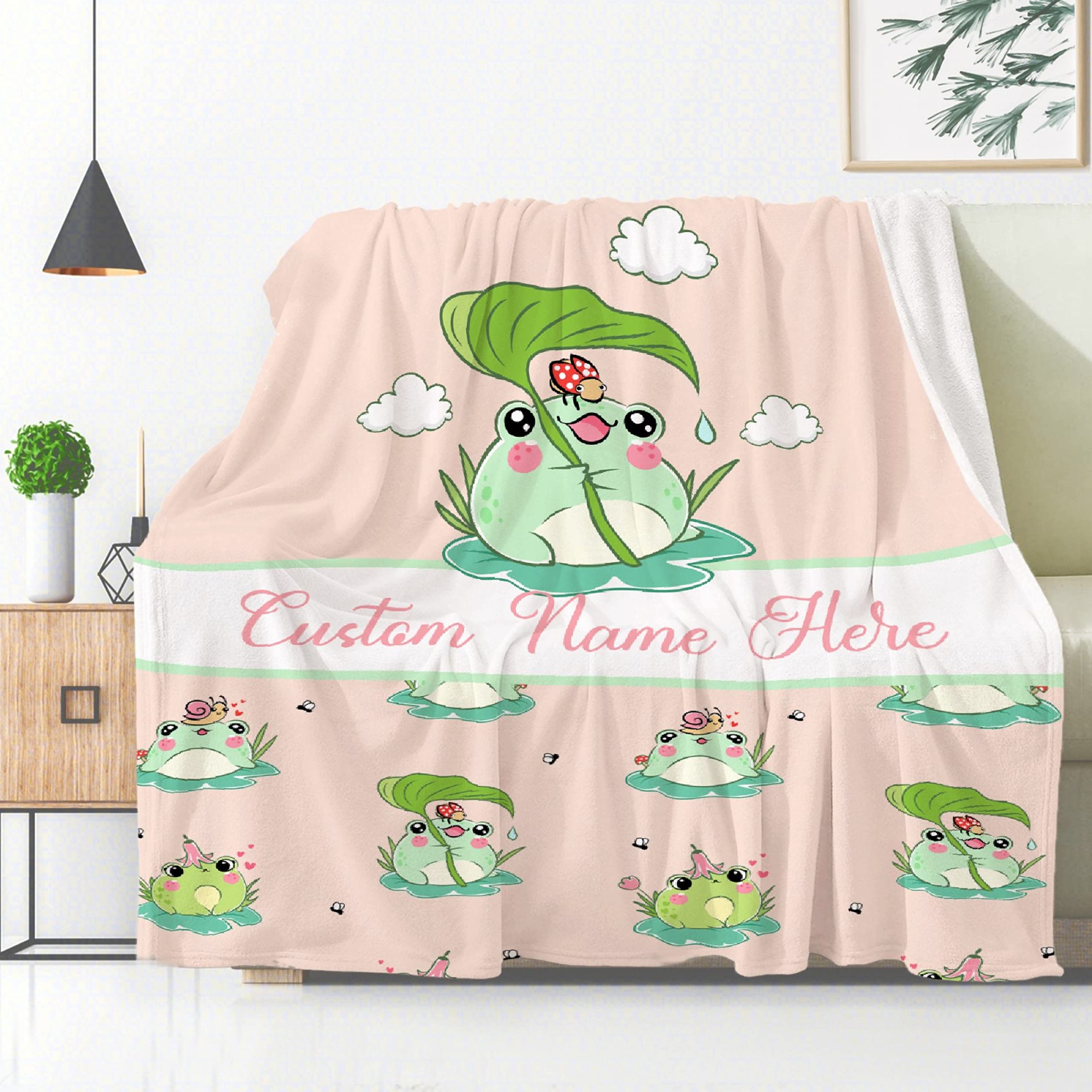 Custom Personalized Funny Frog Throw Blanket - Soft Flannel Baby Name Blanket Gift for Boys & Girls - Cozy Couch, Bed & Sofa Blanket for Home Decor - Perfect for Nursery, Living Room & Family Movie Nights