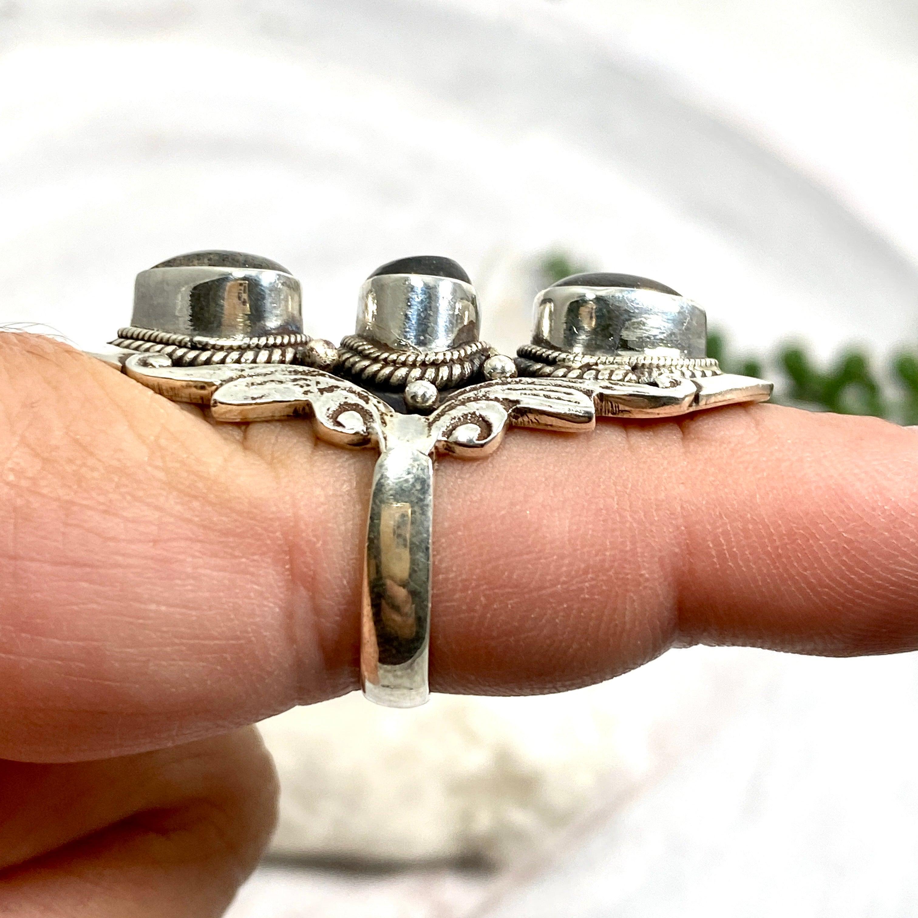 Boho Style Labradorite Multi-Stone Ring Size 7.5 - Handmade Sterling Silver Adjustable Statement Jewelry for Women, Perfect for Festivals, Weddings & Boho Fashion