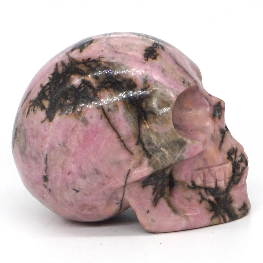 2 Pack Skull Statue - Natural Pink & Black Rhodonite Crystal Carved Figurine, Reiki Healing Stone, Home & Office Decor for Meditation Room, Altar Display, and Spiritual Healing Gifts