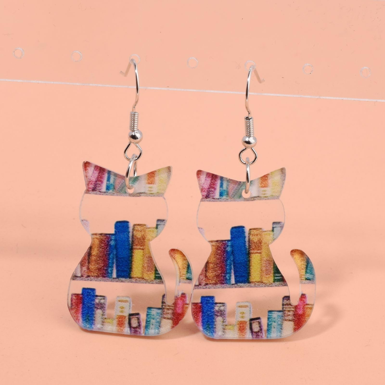 Handmade Wooden Book Earrings for Women - Cat & Apple Pendant Design, Unique Back to School Gifts for Teachers & Students | Perfect for Reading Enthusiasts, Book Club Meetings & Literary-Themed Outfits