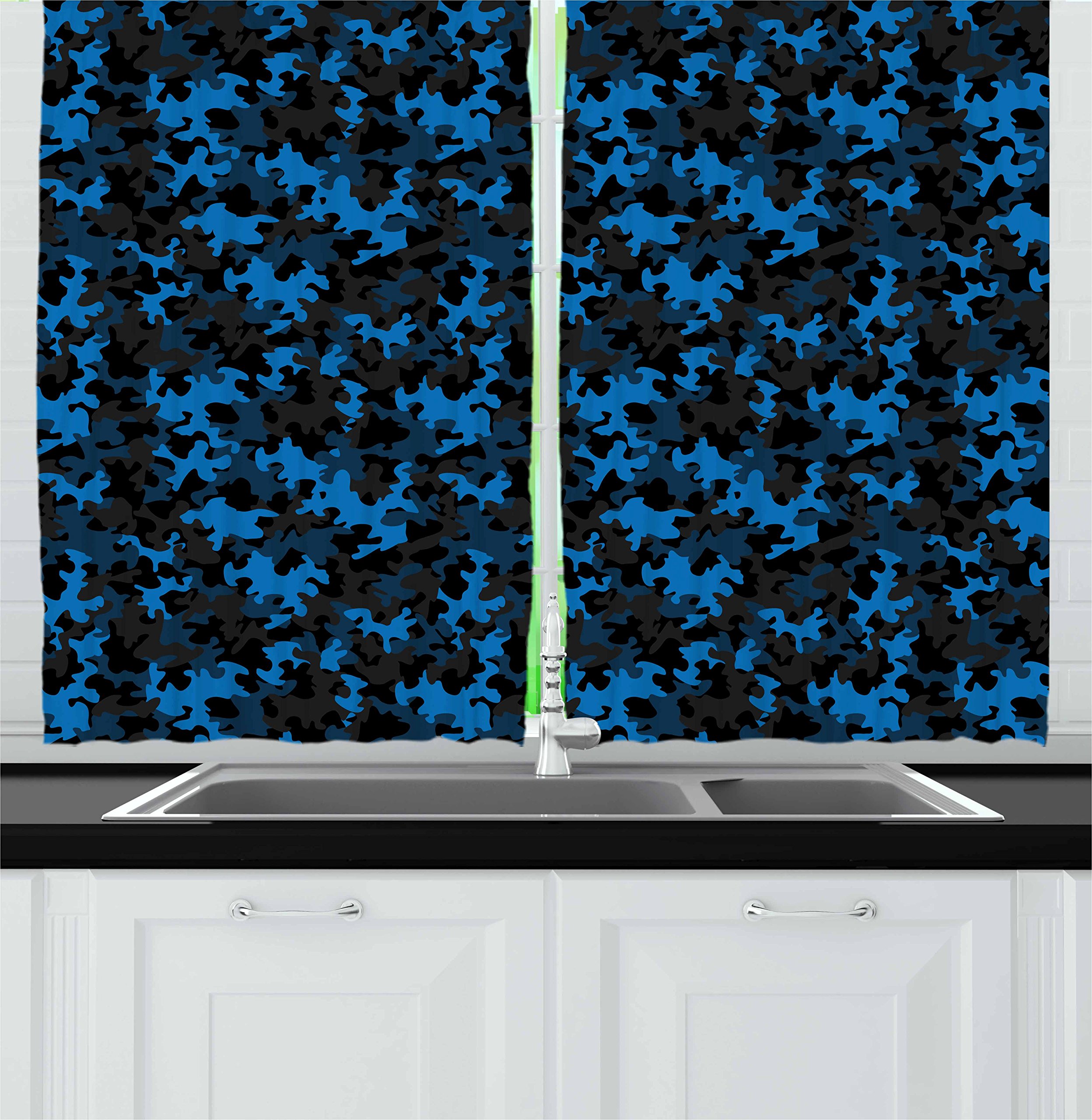 Ambesonne Camouflage Kitchen Curtains Set of 2 Panels - Army Green Black & Blue Modern Camo Print Window Drapes for Kitchen, Cafe, Restaurant Decor (55