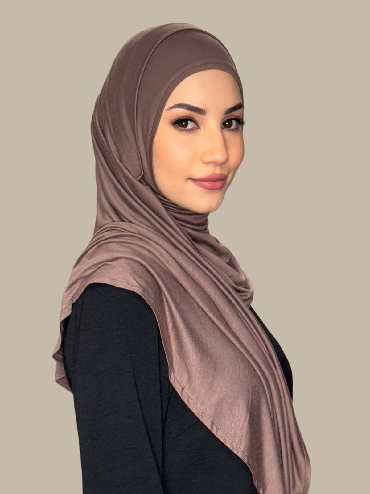 Premium Pre-Sewn Jersey Hijab in Mocha Brown - Soft & Comfortable Muslim Headscarf for Daily Wear, Work, and Prayer