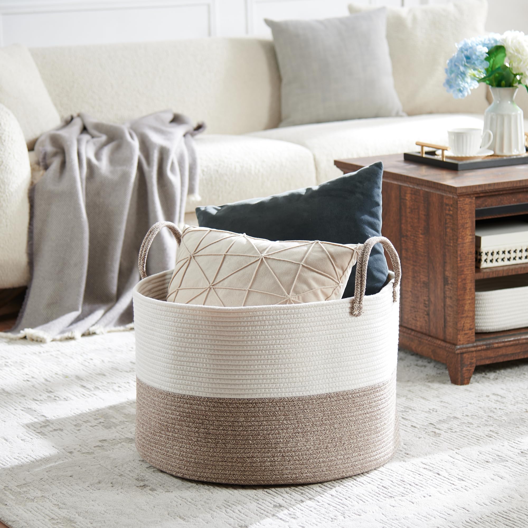 VERSAINSECT Extra Large Cotton Rope Storage Basket with Leather Handles - 22x22x14 Inch Nursery Organizer, Laundry Hamper for Toys, Blankets & Pillows - Dark Grey Home Decor for Bedroom, Playroom & Nursery Organization