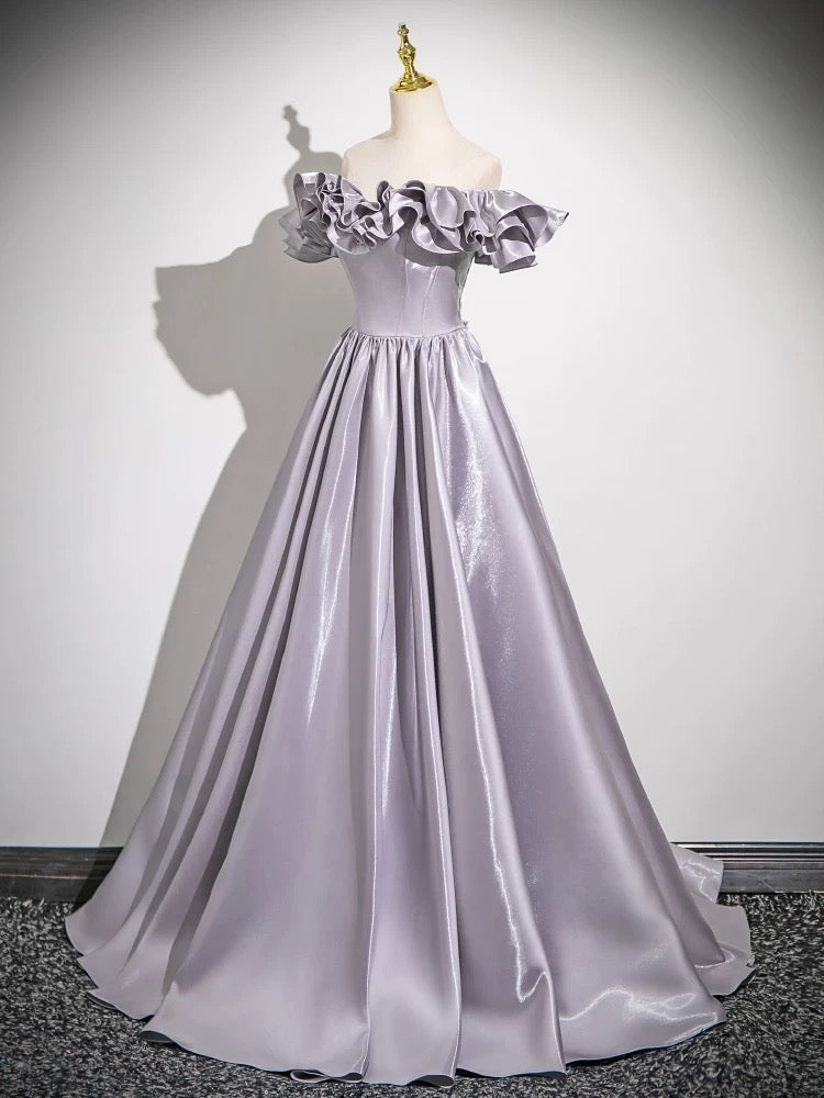 Elegant A-Line Off Shoulder Satin Gray Long Prom Dress - Formal Evening Gown for Homecoming, Wedding & Special Occasions
