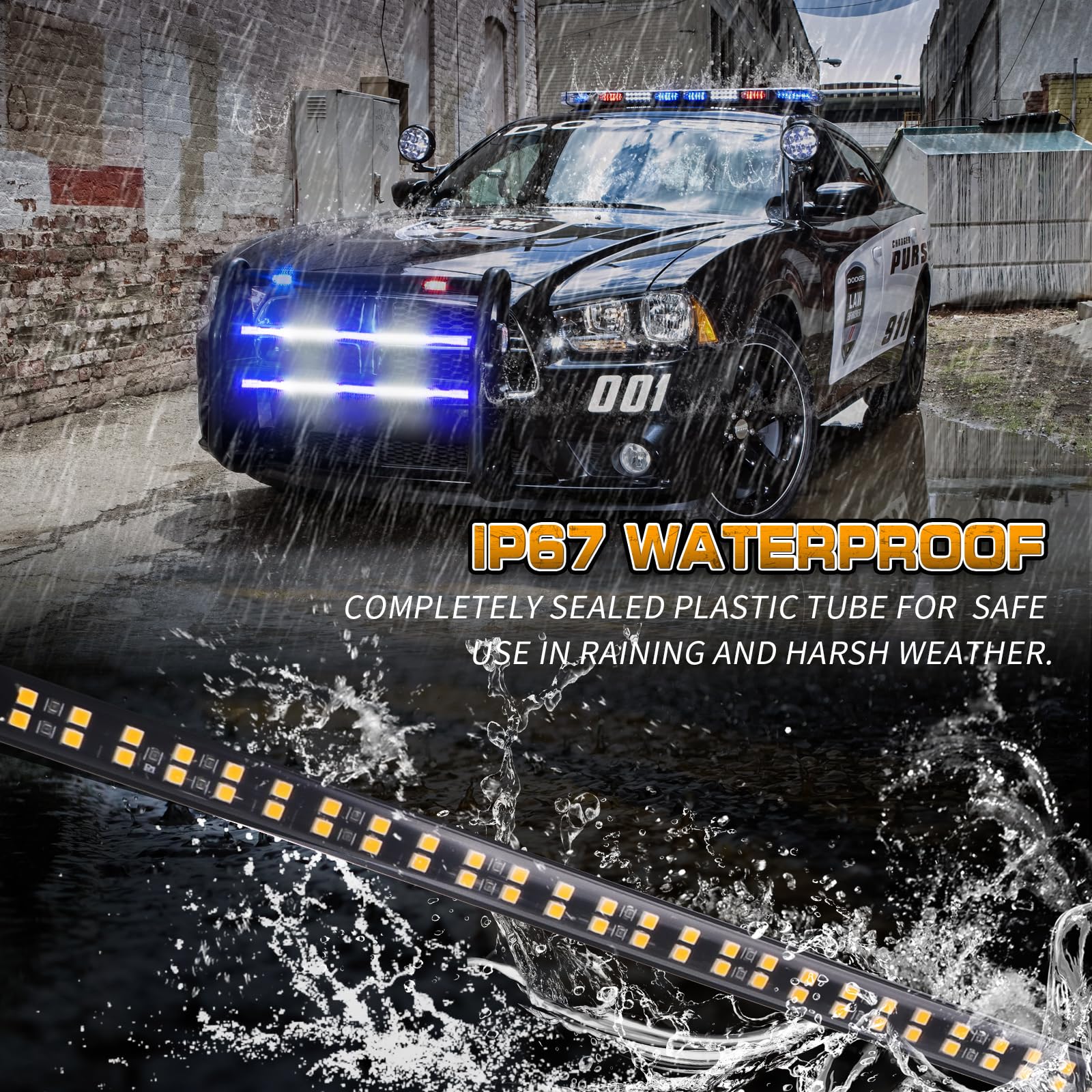 XRIDONSEN 2PCS 30-Inch Blue White LED Emergency Grill Lights - 360° Strobe Warning Safety Lights for Trucks, Police & Firefighter Vehicles - Perfect for Tailgate, Rear Window & Grille Installation - Enhance Visibility for First Responders & Emergency Scenes