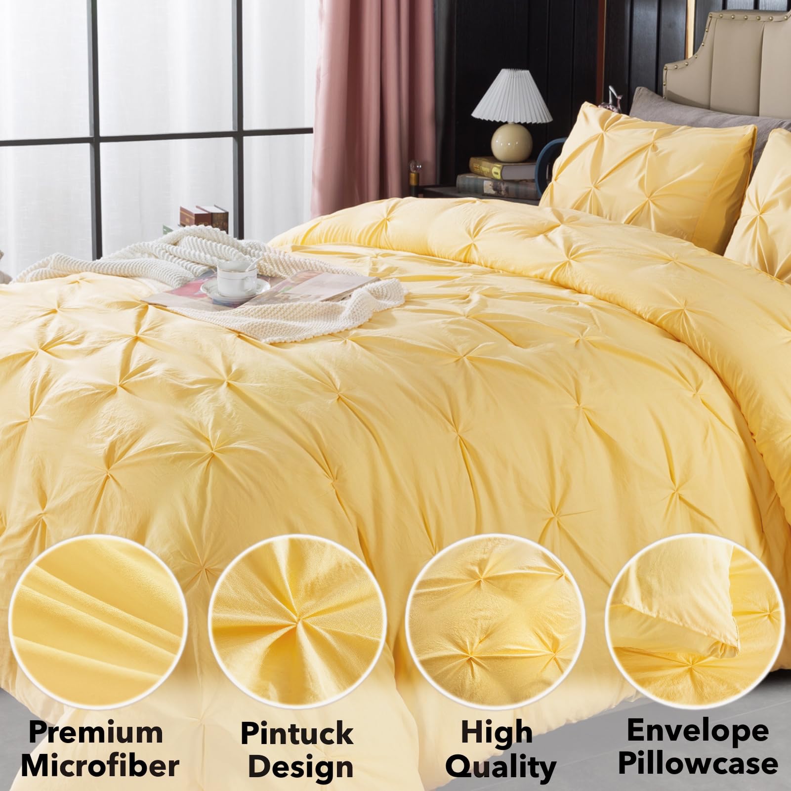Premium Andency Yellow Pinch Pleat Comforter Set - Queen Size (90x90 Inches) 3-Piece Microfiber All-Season Down Alternative Bedding with Pintuck Design - Includes 1 Comforter & 2 Pillow Shams - Perfect for Master Bedroom, Guest Room & Cozy Home Decor