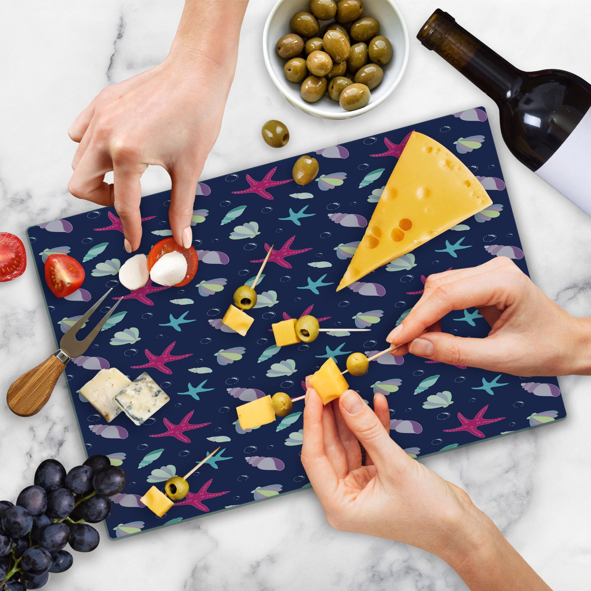 Ambesonne Navy and Blush Tempered Glass Cutting Board - Nautical Marine Pattern with Shells, Starfish & Bubbles - Large Decorative Serving Board for Kitchen, Dining & Entertaining - Perfect for Seafood, Cheese & Charcuterie Displays