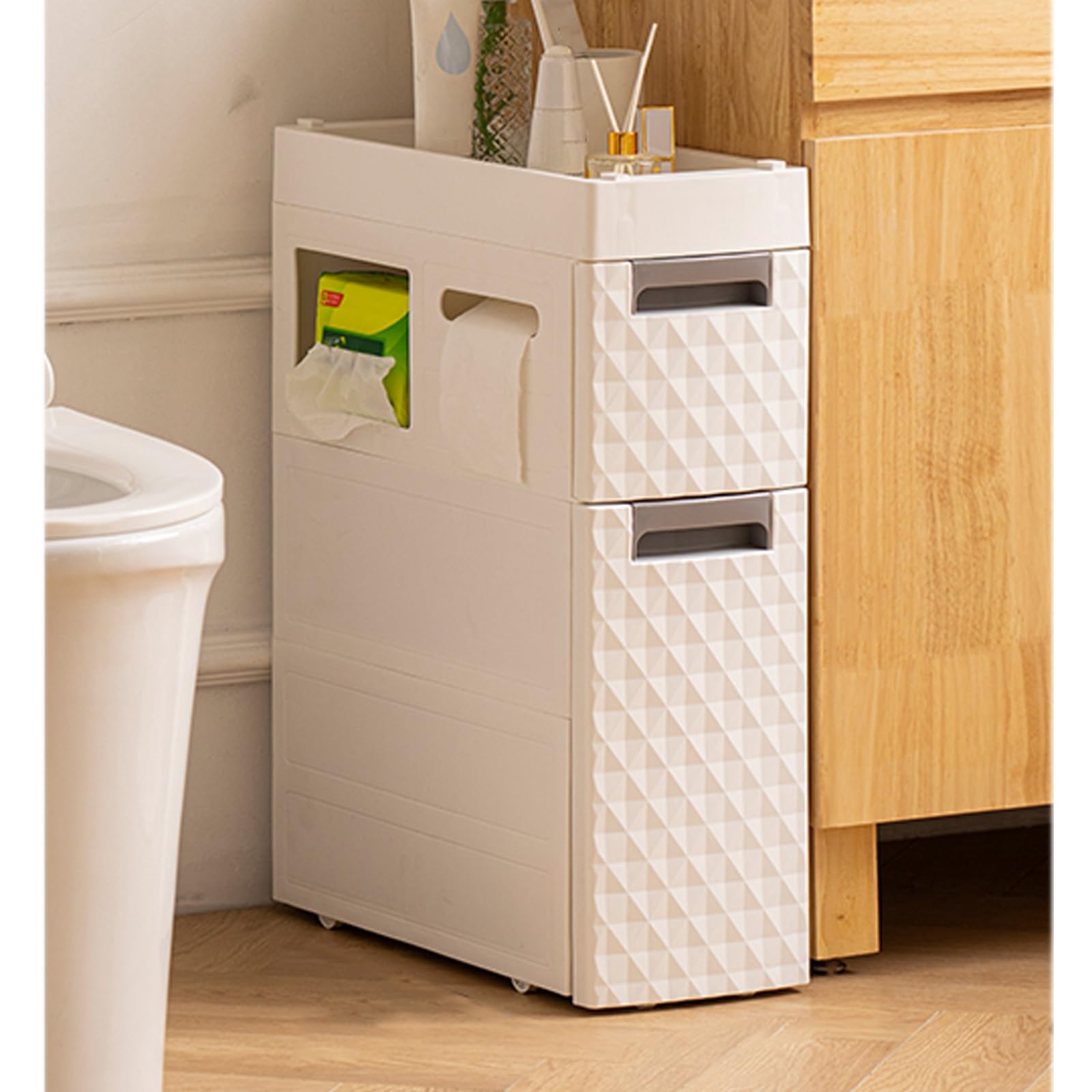 18CM/7.1IN Narrow Plastic Bathroom Storage Cabinet with Drawers & Shelf - Space-Saving Bathroom Organizer with Dual-Sided Tissue Holder - Perfect for Small Bathrooms, Apartments & RVs