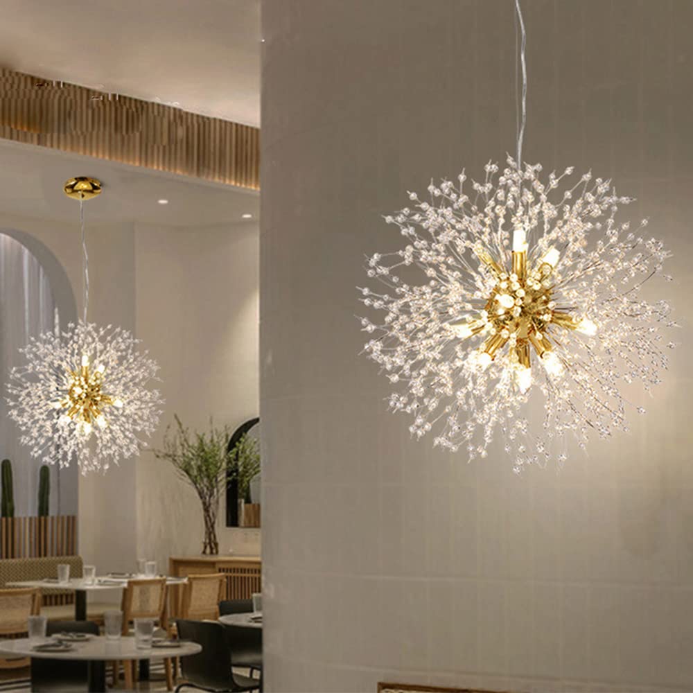 Modern Gold Crystal Chandelier - 9-Light Sputnik Dandelion Pendant Lighting Fixture for Dining Room, Living Room, Bedroom, Kitchen & Restaurant | Elegant Ceiling Light for Home Decor, Wedding Venues and Luxury Spaces