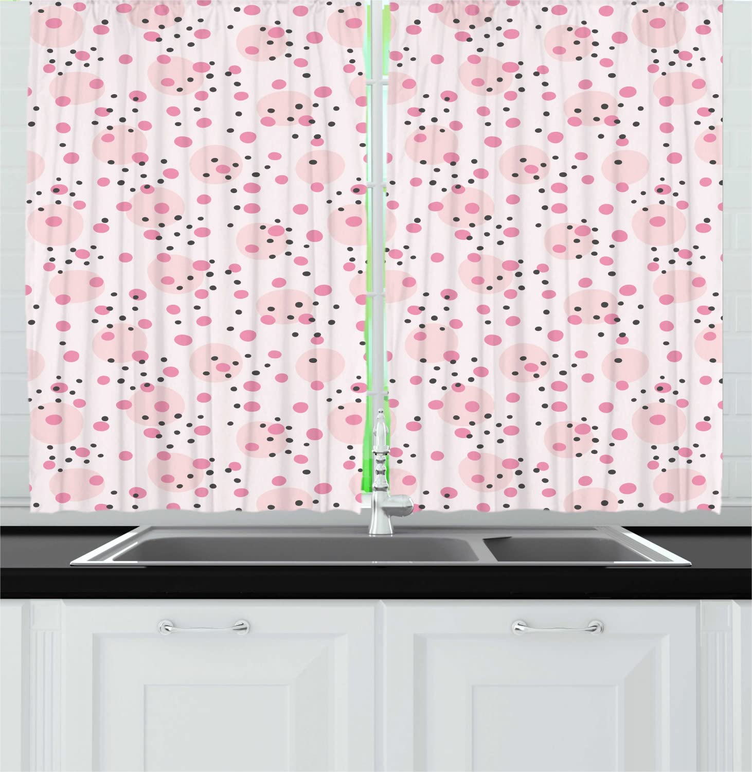 Ambesonne Circles Long Kitchen Curtains - Abstract Sketch Round Motifs in Pastel Pink & Grey - 55