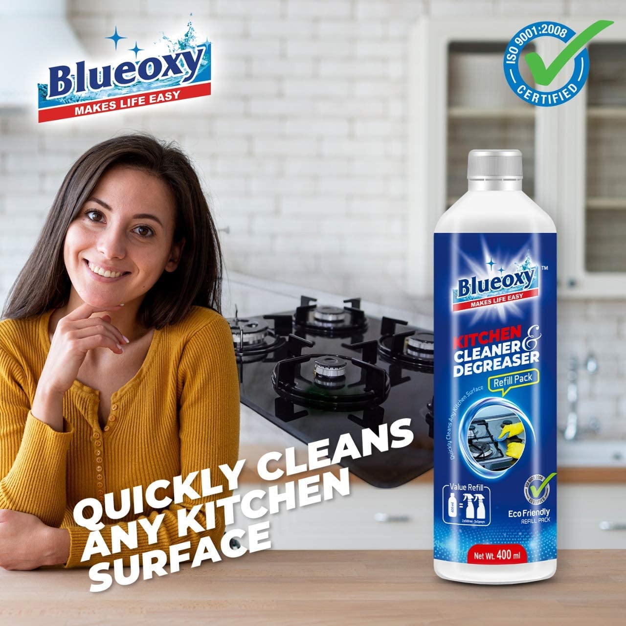 BLUEOXY Kitchen Cleaner & Degreaser Refill Pack - Heavy Duty Grease Remover for Stovetops, Ovens, Countertops | Eco-Friendly Formula | 400ml (Pack of 1) | Perfect for Deep Cleaning Kitchen Surfaces, Appliances and Removing Tough Oil Stains