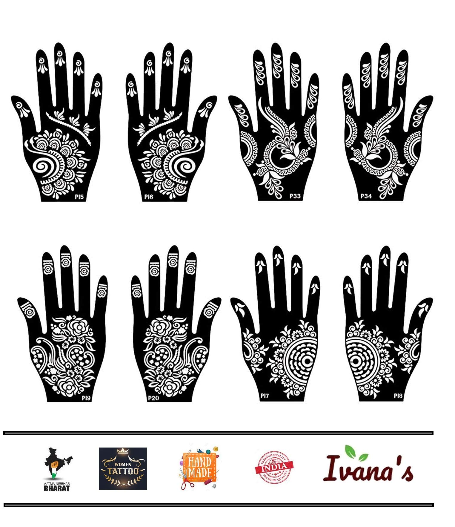 Ivana's Henna Stencils for Hands, Body, Fingers & Face - Mehndi Tattoo Stickers for Women, Girls & Kids (Pack of 2) - Perfect for Weddings, Festivals & DIY Body Art - NIV-329