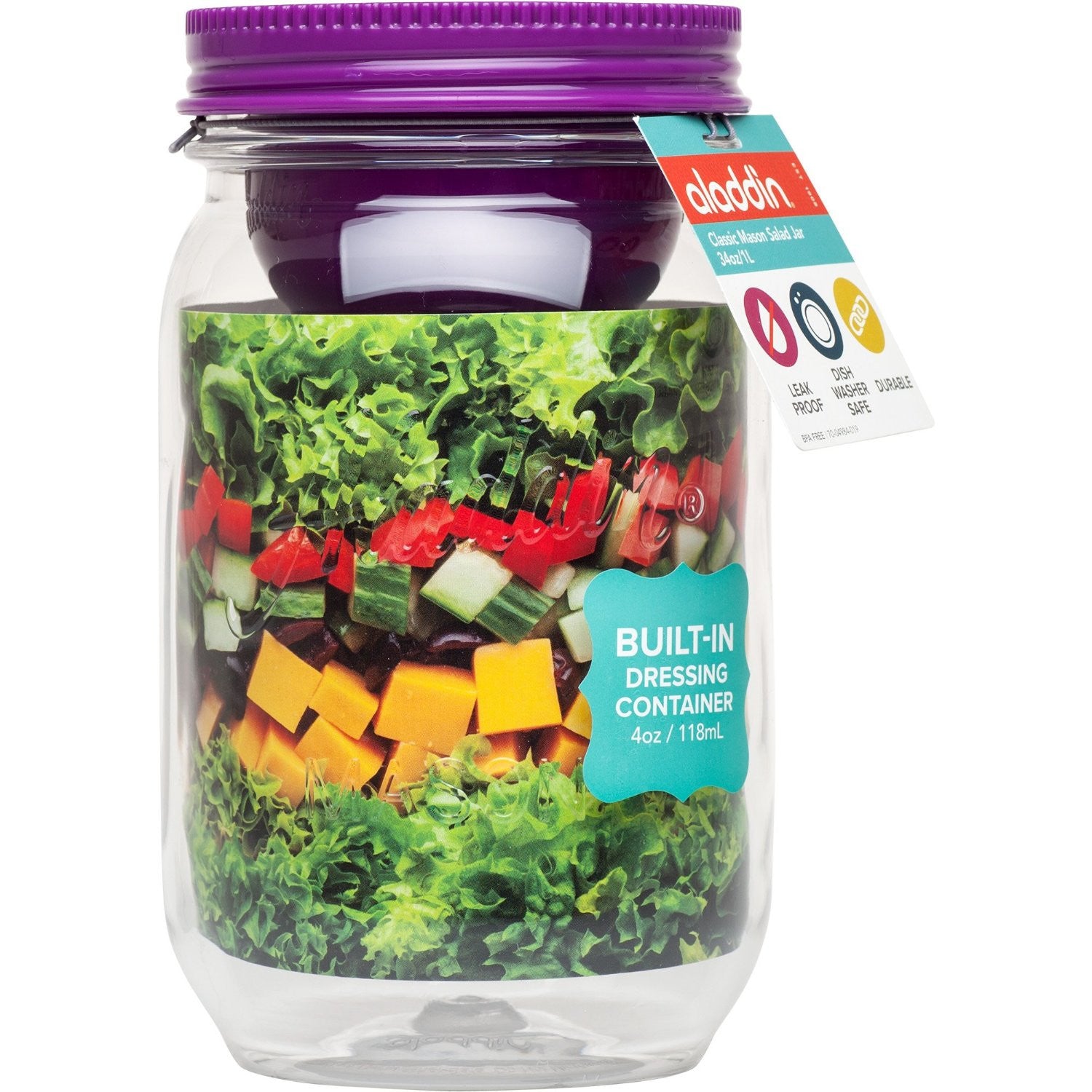 Aladdin Classic Mason Salad Jar with Sauce Holder 34oz (946mL) - Perfect for Meal Prep, Office Lunches & Healthy Eating - BPA-Free Leakproof Glass Container