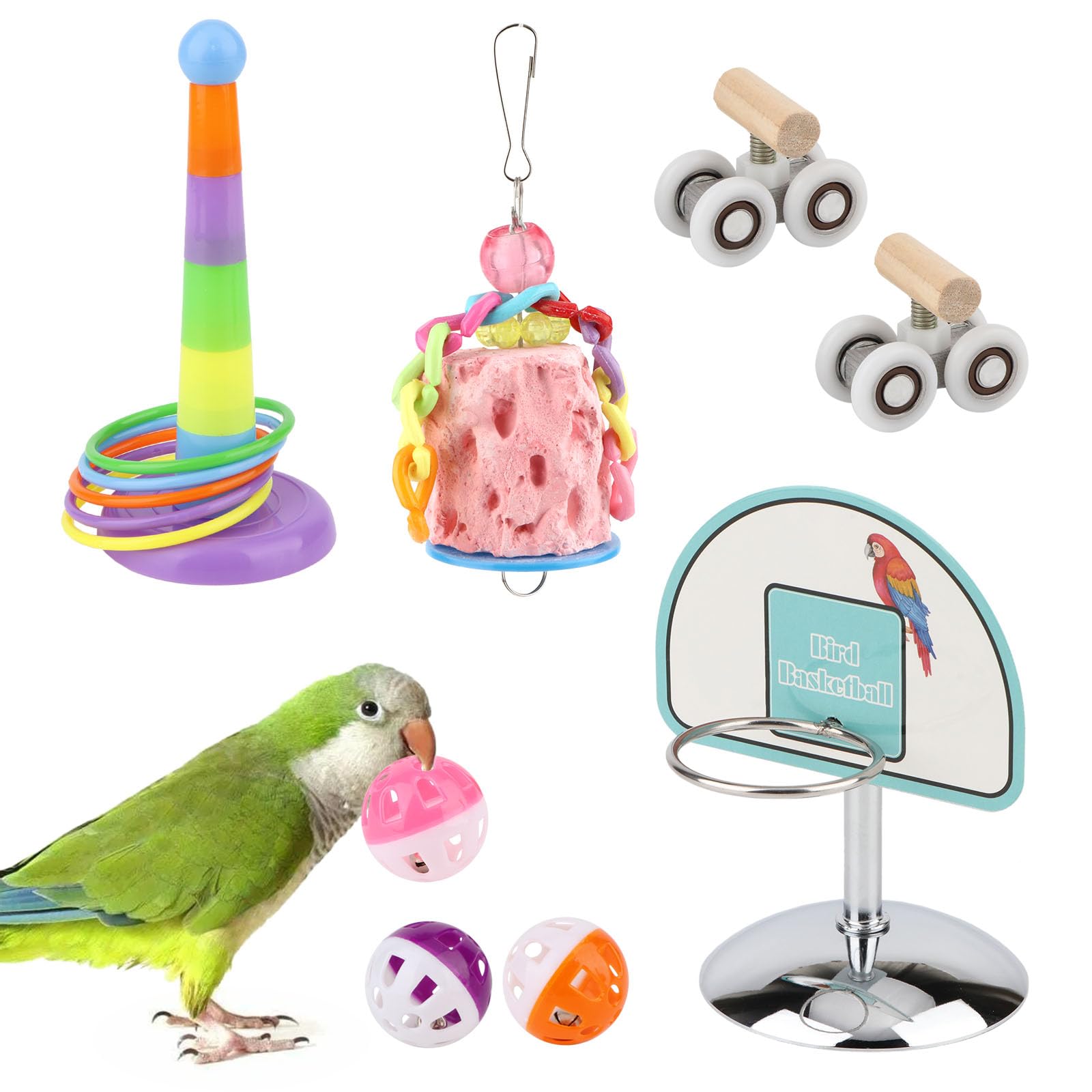 5 Pack Bird Toys for Parrots - Basketball, Mini Shopping Cart, Stacking Toys & Chewing Skates for Cockatiels, Conures, Quaker & Senegal Parrots | Interactive Play & Mental Stimulation for Pet Birds