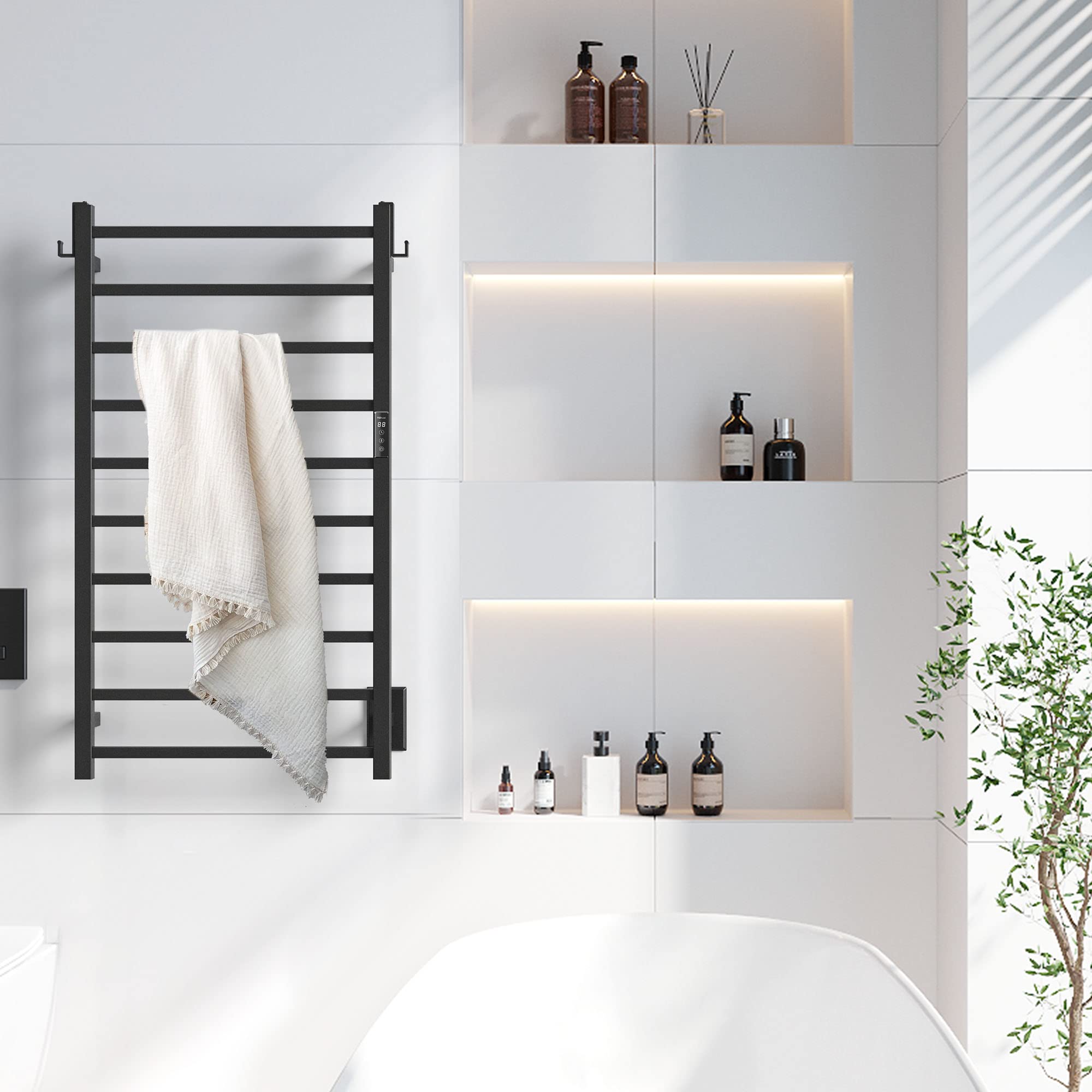 P&Bhusri 10-Bar Heated Towel Rack - Wall Mounted Electric Towel Warmer for Bathroom with Timer, Stainless Steel Matte Black (Plug-in/Hard-Wired) - Perfect for Spa, Luxury Hotels & Cozy Home Bathrooms