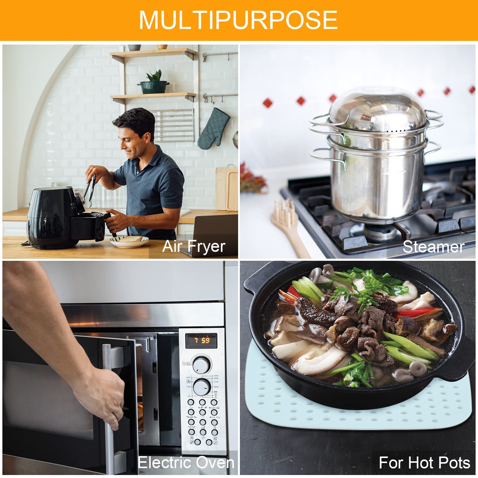 Eco-Friendly Reusable Silicone Air Fryer Liners 8.5 Inches Square - 3 Pack Non-Stick Parchment Paper Replacement for Oil Proof & Easy Cleaning - Perfect for Air Fryer, Oven & Microwave Cooking Accessories