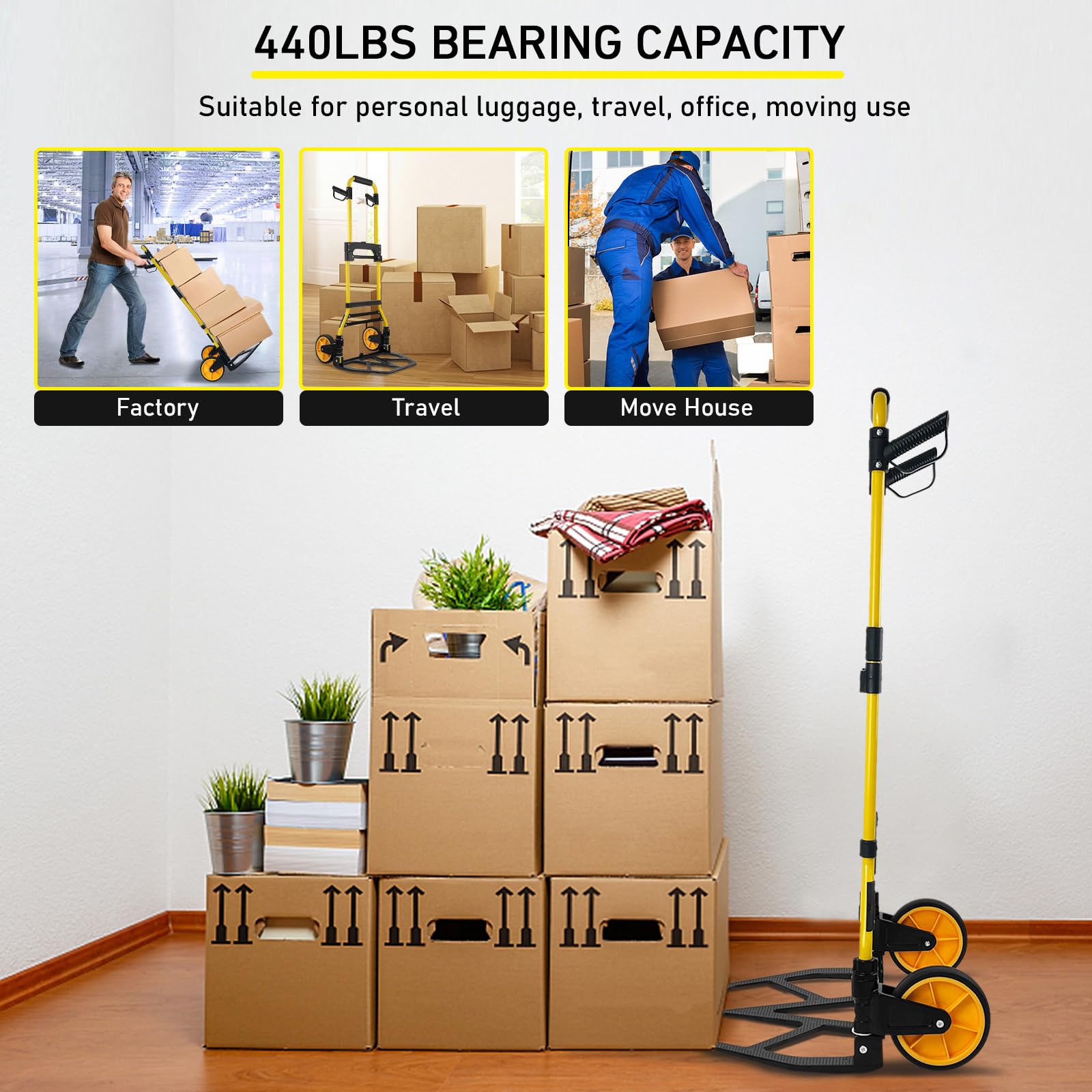 440lbs Capacity Folding Hand Truck & Dolly - Portable Aluminum Luggage Cart with Retractable Handle & Rubber Wheels | Ideal for Travel, Office, Moving, Shopping & Warehouse Transportation