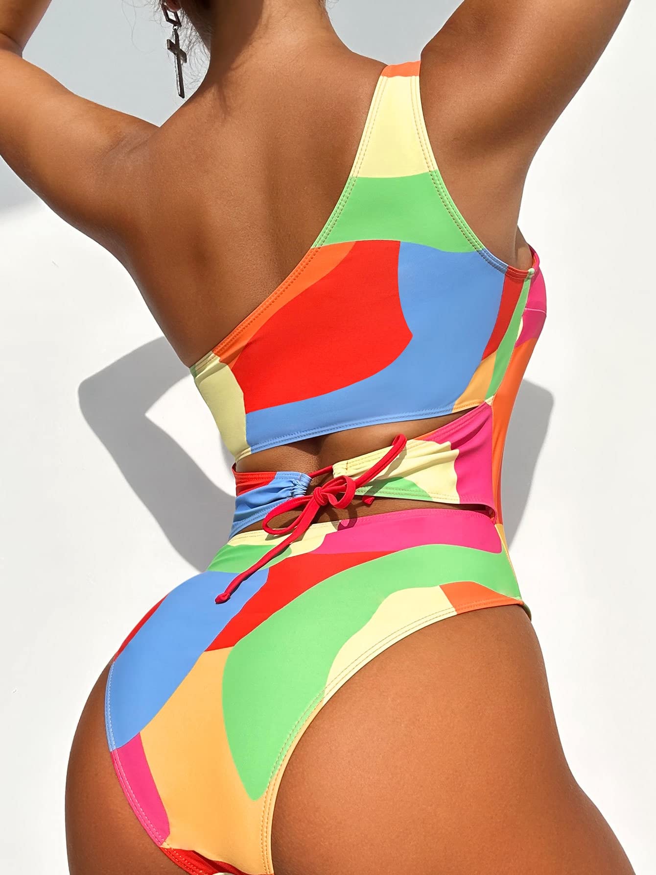 WDIRARA Women's One Shoulder Colorblock Cut Out Swimsuit - Mesh Monokini Bathing Suit for Beach, Pool Party & Summer Vacation