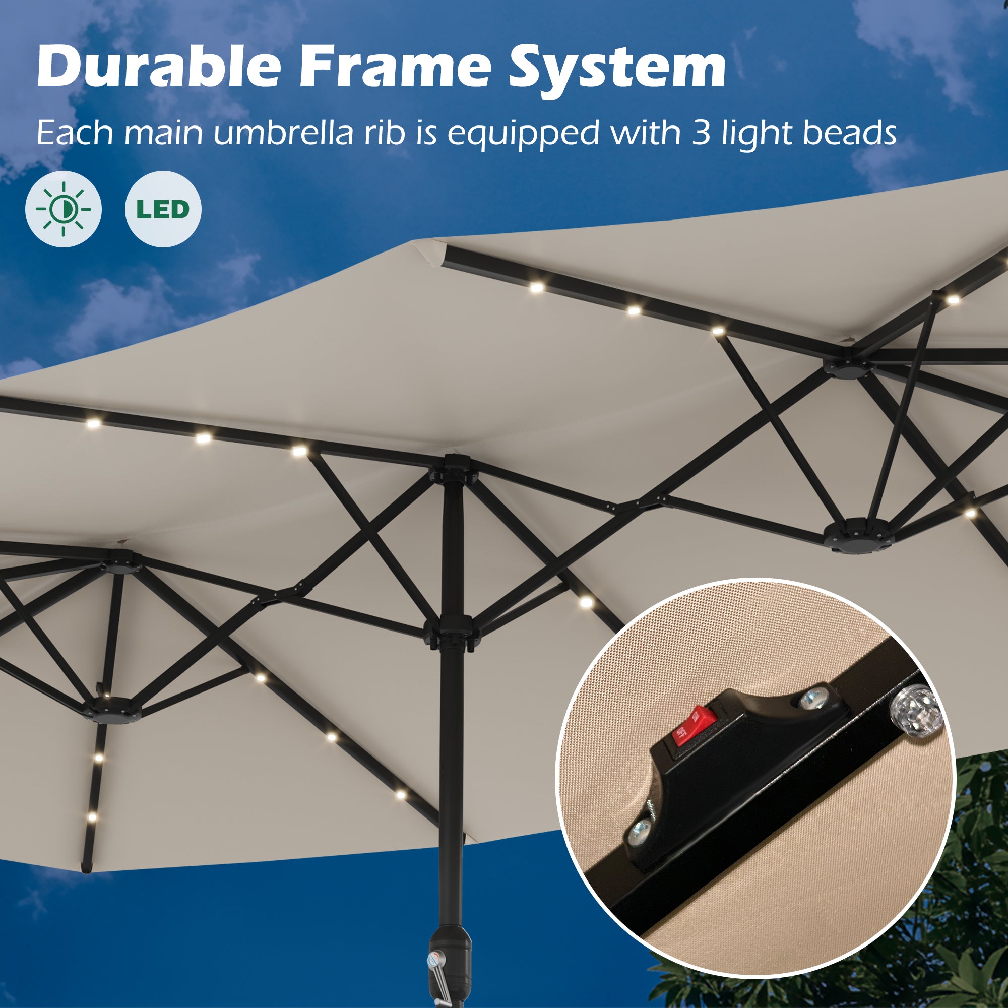 EROMMY 15x9 Double Sided Large Solar LED Umbrella - Beige Color for Patio, Garden, and Outdoor Relaxation