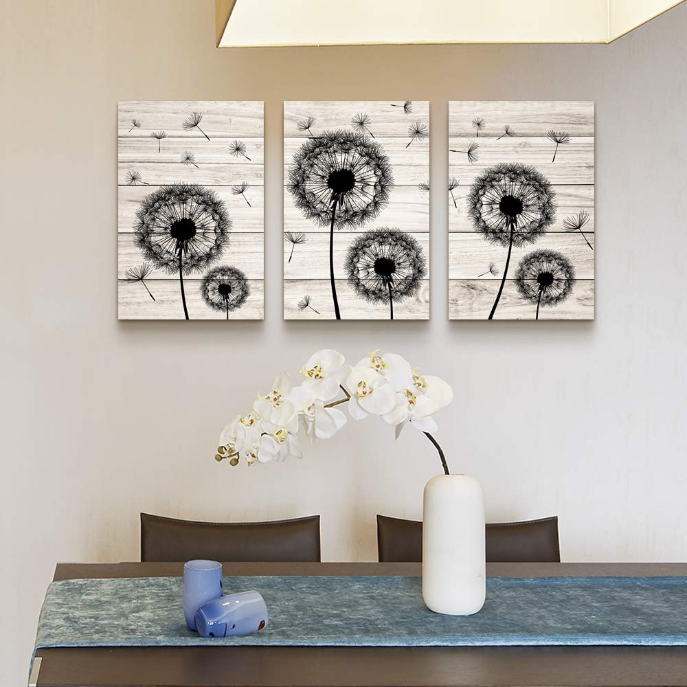 3-Piece Black Dandelion Flowers Canvas Wall Art Set - Abstract Paintings for Living Room, Bedroom, Kitchen & Office Decor - Ready to Hang Home Decoration Pictures (Perfect for Modern Spaces & Gift Giving)