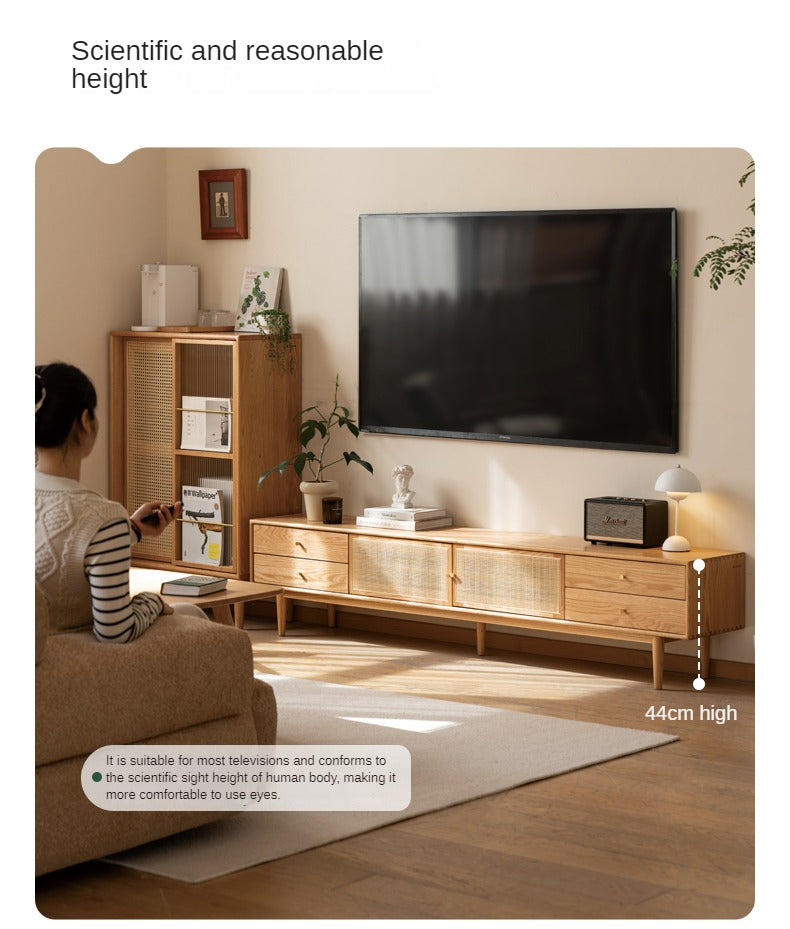 Solid Oak Wood TV Stand with Rattan Doors - Stylish Media Console for Living Room, Bedroom, or Home Theater