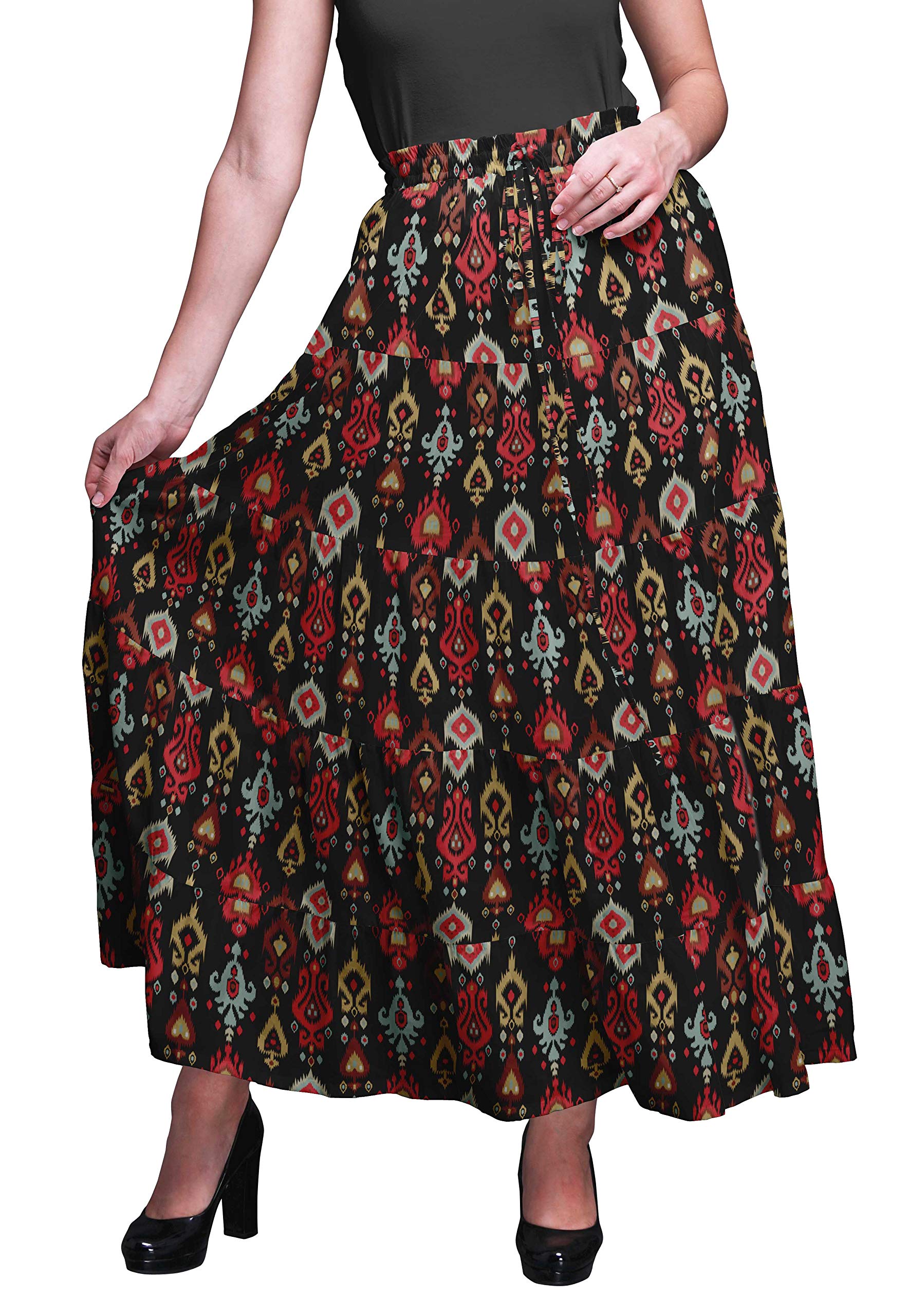 Bimba Women's Printed Long 5-Tier Cotton Skirt - Boho Style Maxi Skirt for Summer, Beach, Music Festivals & Casual Outfits