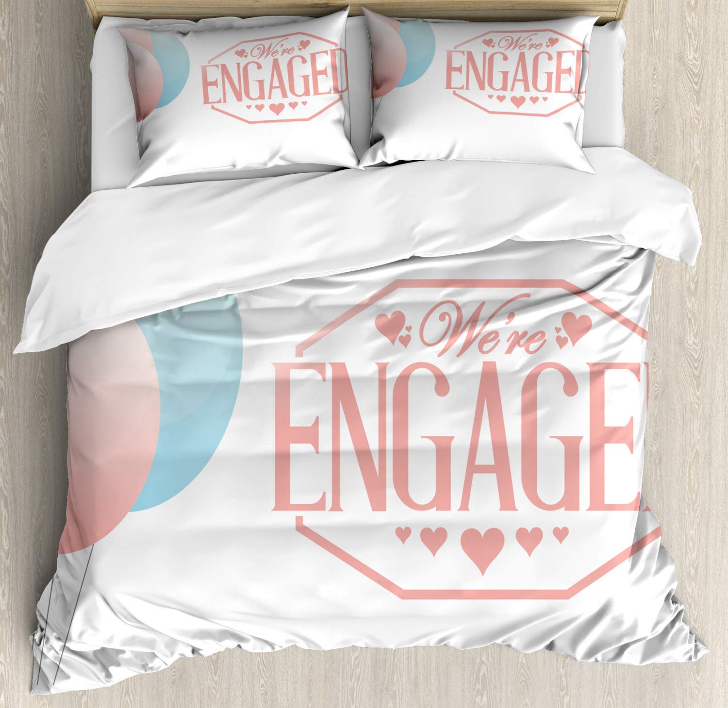 Ambesonne Engagement Party Duvet Cover Set - 'We Are Engaged' Celebration Design with Balloons & Hearts - 3 Piece Bedding Set Includes 2 Pillow Shams - California King Size in Pale Pink & Blue - Perfect for Engagement Parties, Bridal Showers & Newlywed Bedrooms