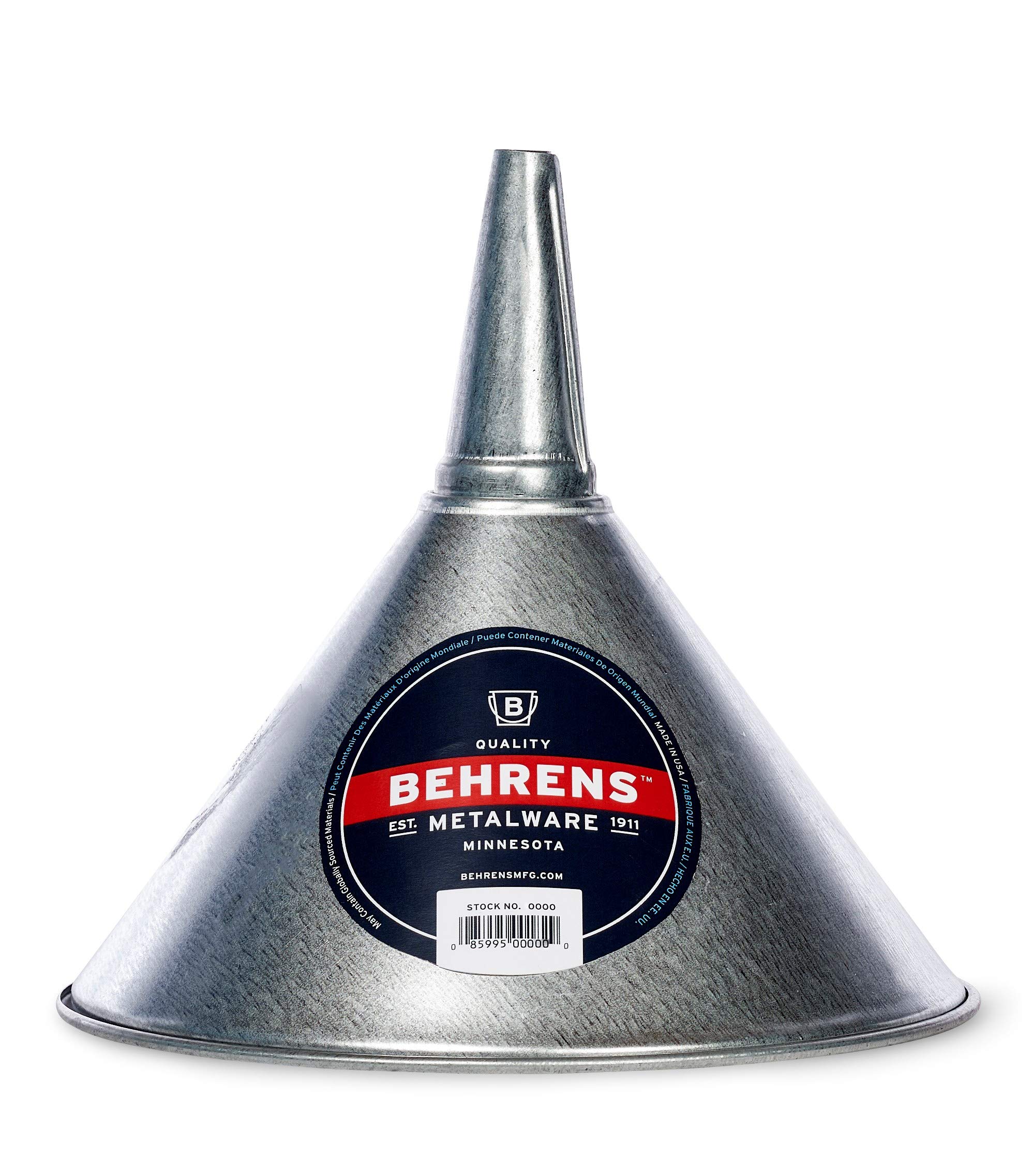 Behrens GF52 2 Quart Galvanized Steel Funnel with Removable Screen - Heavy Duty Kitchen Funnel for Canning, Oil Filtering & Auto Maintenance - Silver