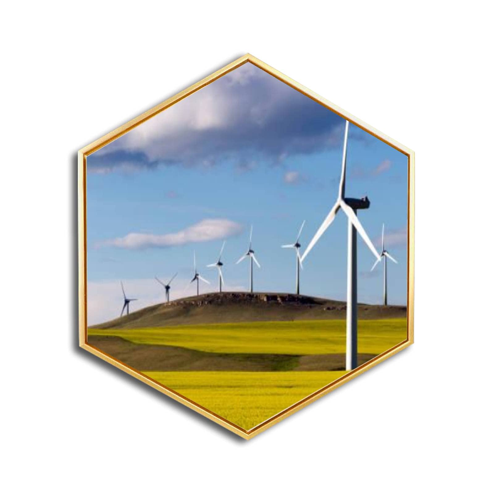 Wind Turbine Power Generation Canvas Wall Art - Golden Framed Giclee Prints, Minimalist Modern Hexagon Wall Decor for Home & Office - Ready to Hang - Perfect for Living Room, Bedroom & Workspace Decor