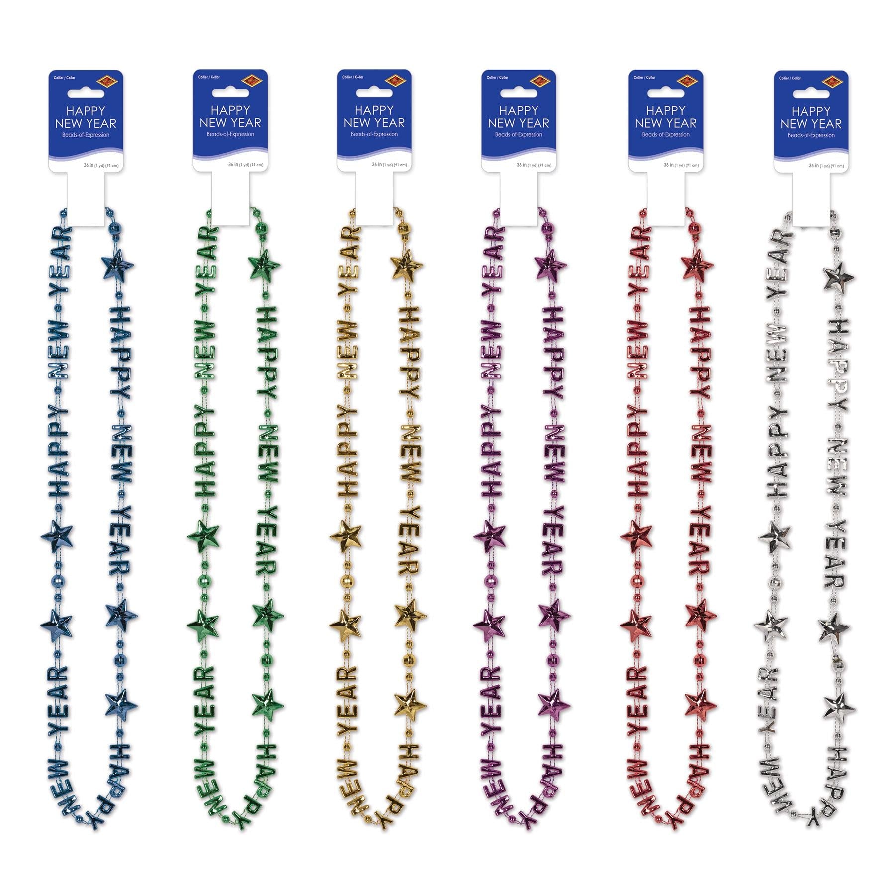 12 Pack Beistle Happy New Year Bead Necklaces - Multicolor Party Favors for New Year's Eve, Birthday, Mardi Gras & Carnival Celebrations