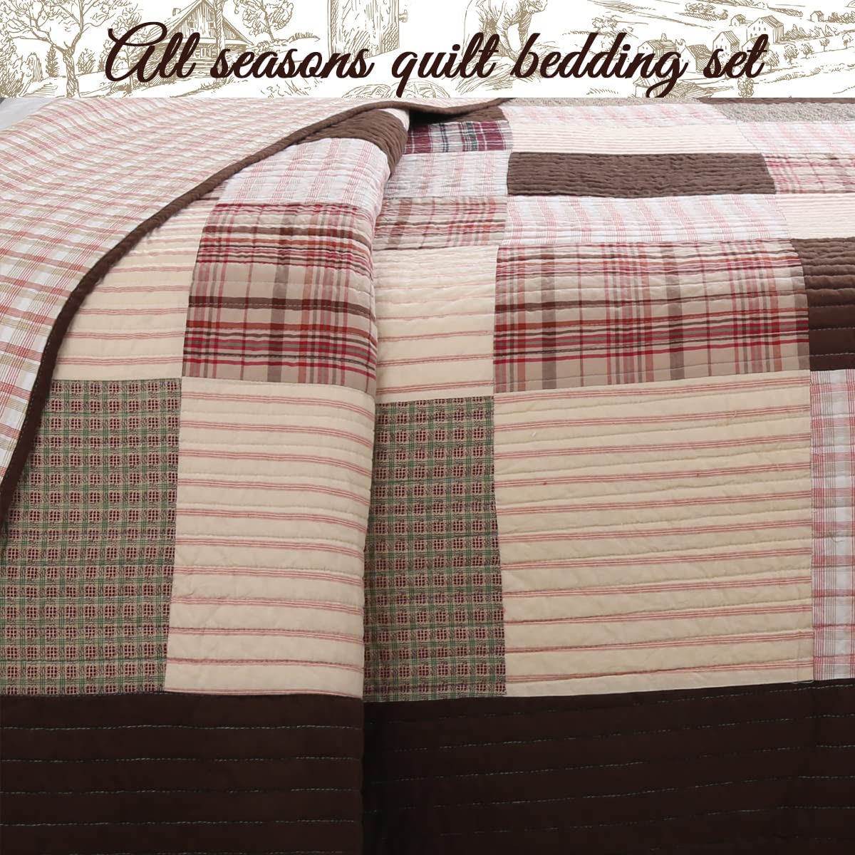 Brody Farmhouse Chocolate Plaid Reversible Quilt Set - 3 Piece King Size Brown Grid Bedspread | Cozy Patchwork Coverlet for Farmhouse & Rustic Bedroom Decor | Perfect for Master Bedrooms, Guest Rooms & Cozy Winter Nights