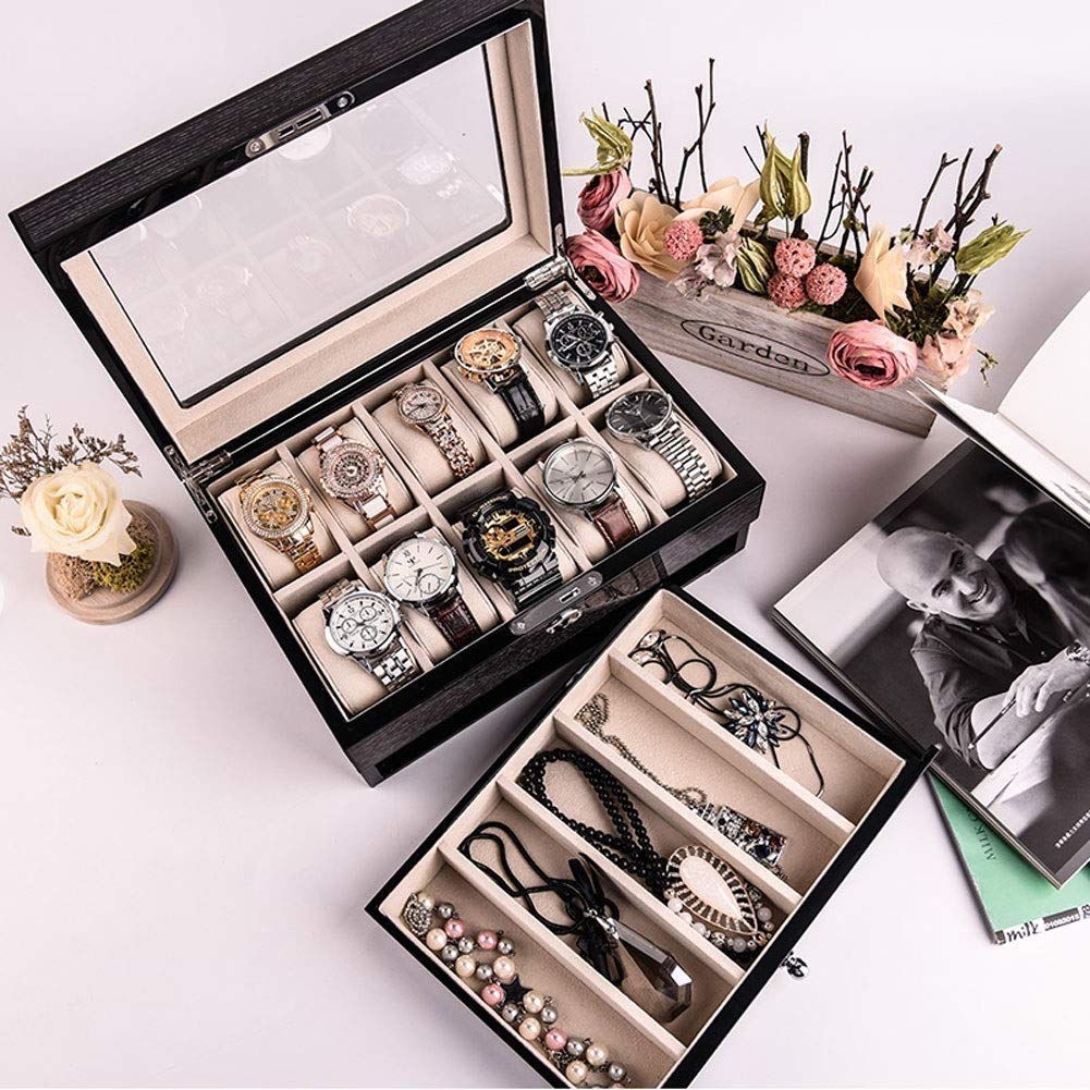 2-Layer Lockable Jewelry Organizer Box - Foldable Tray with Removable Dividers, Gray Solid Wood Watch Display Case for 10 Mechanical Watches | Jewelry Storage, Watch Collection & Gift Box for Men & Women