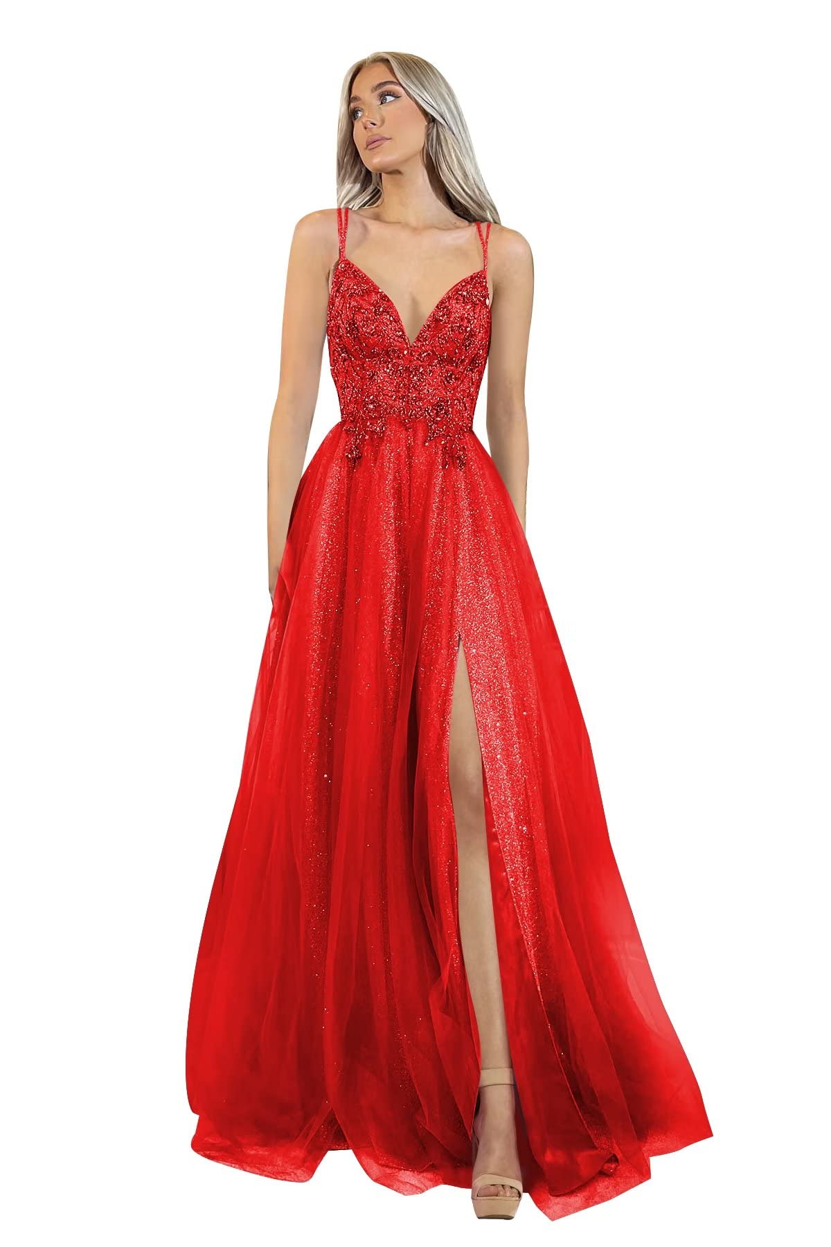 Sparkly V-Neck Tulle Prom Dress with Lace Appliques - Women's A-Line Ball Gown Formal Dress with Spaghetti Straps & Thigh High Split in Red (Size 12) | Perfect for Homecoming, Prom Night, Evening Gala & Special Occasions
